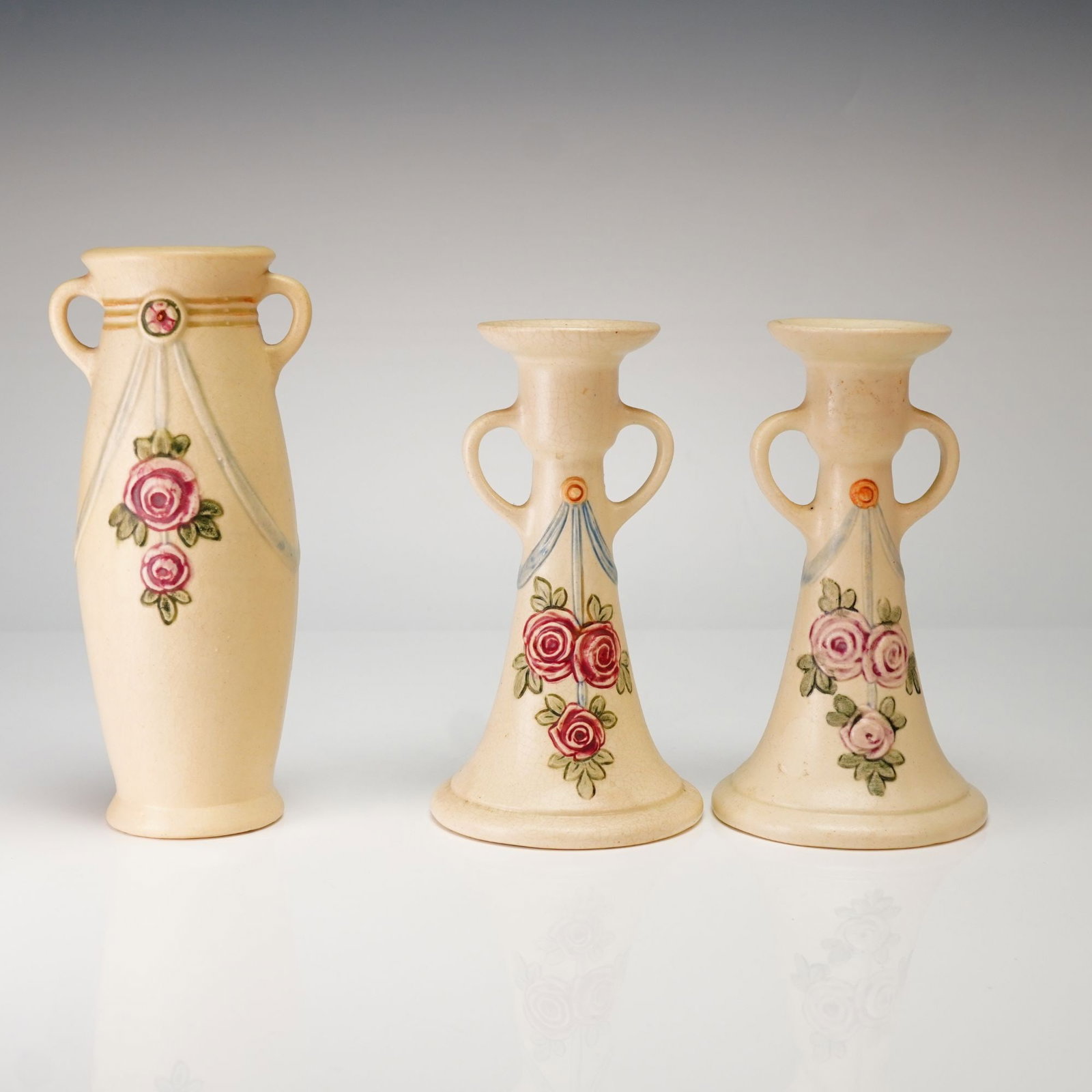 A 3pc Weller Pottery Roma Set Including a Dual Handled Vase and Candle Holders (1 of 4)