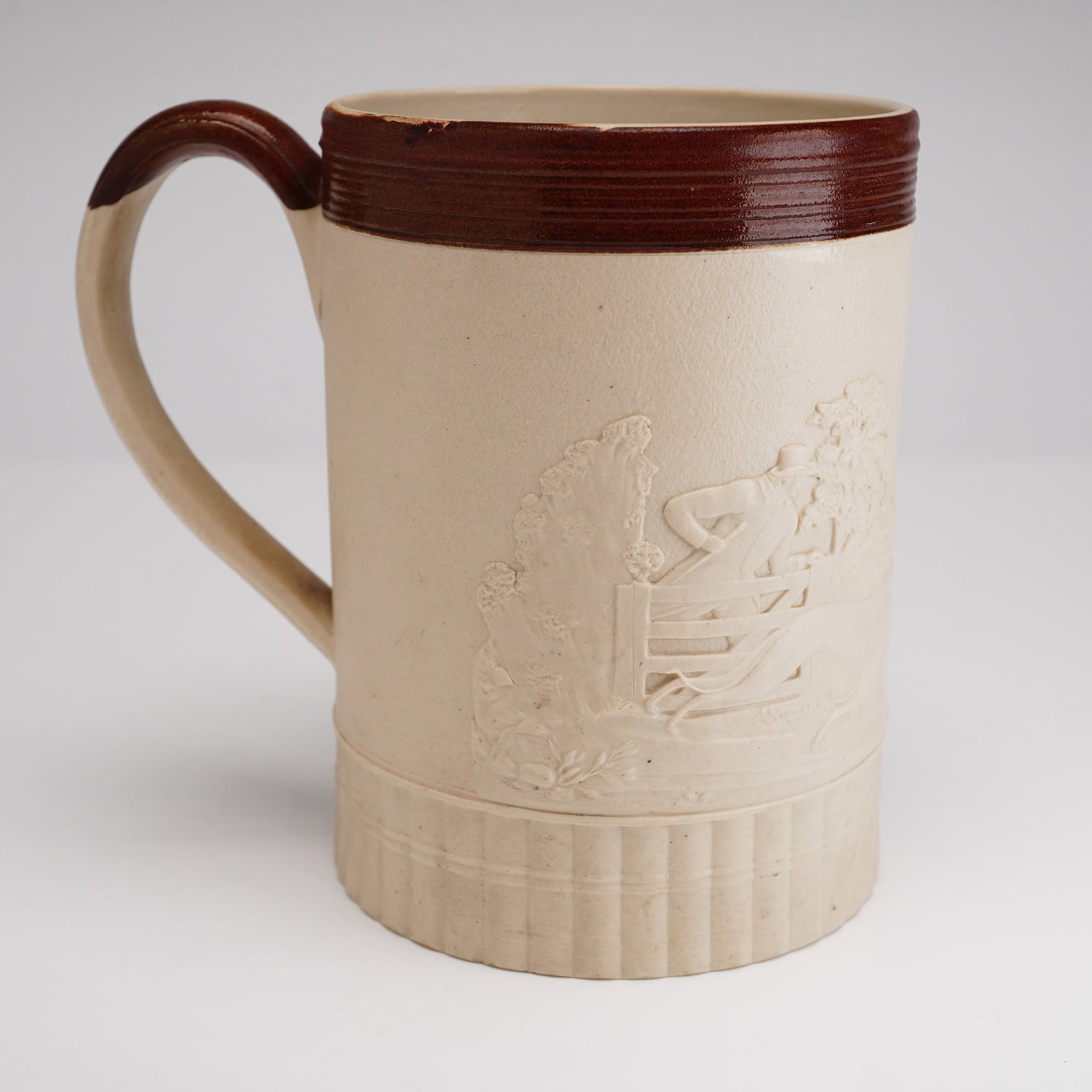 Late 18th Century Turner Stoneware Mug Depicting Men and Dogs Chasing a Rabbit (1 of 3)