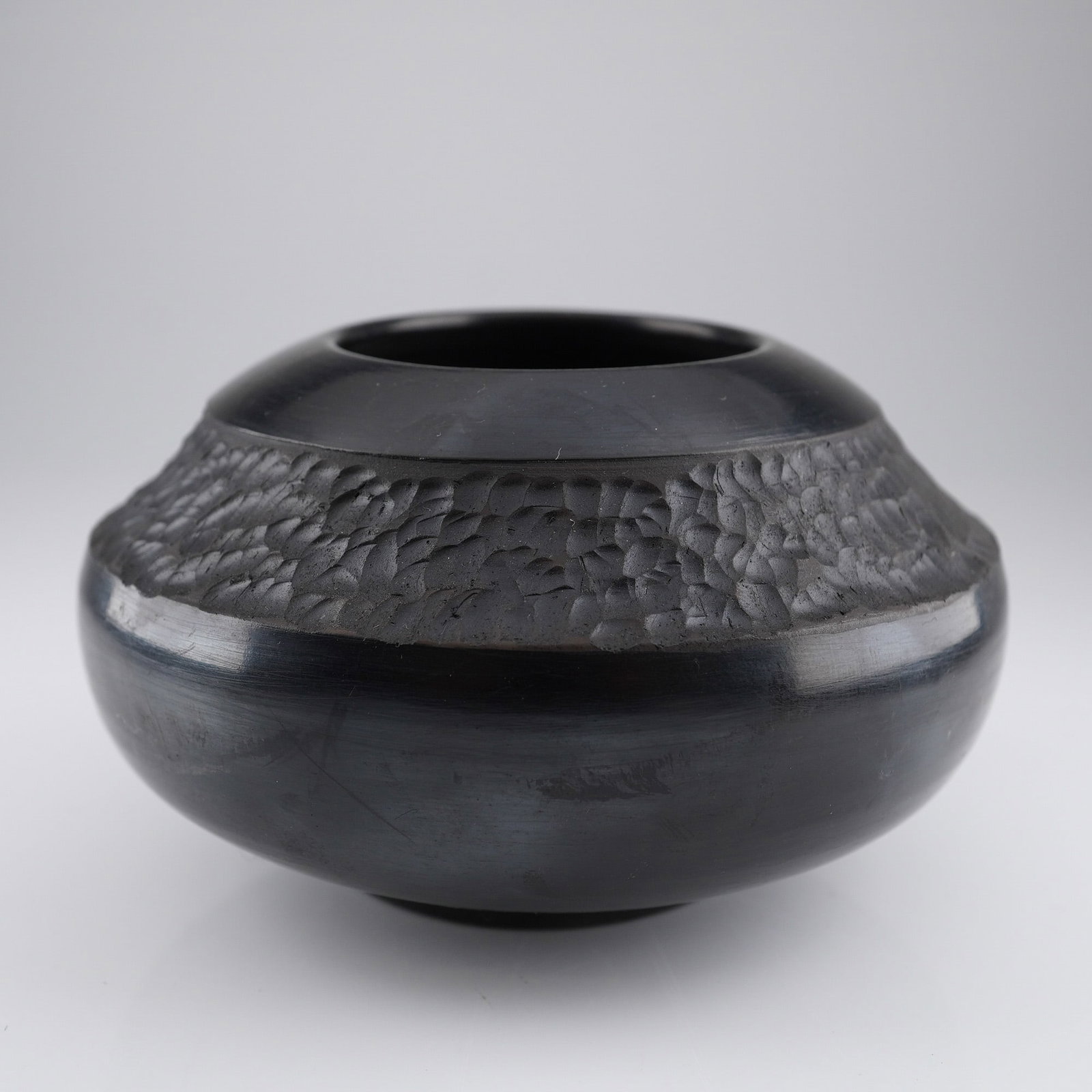 Santa Clara Blackware Pot with Textured Band, Signed (1 of 4)