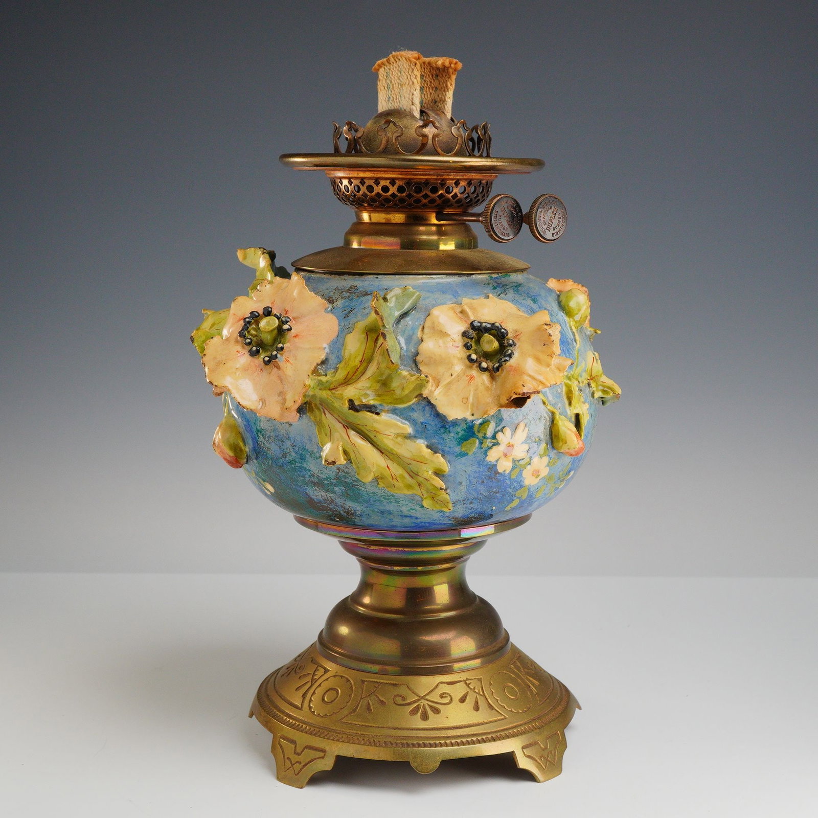 Wright & Butler Antique Floral Parlor Oil Lamp with Barbotine Ceramic Body (1 of 5)