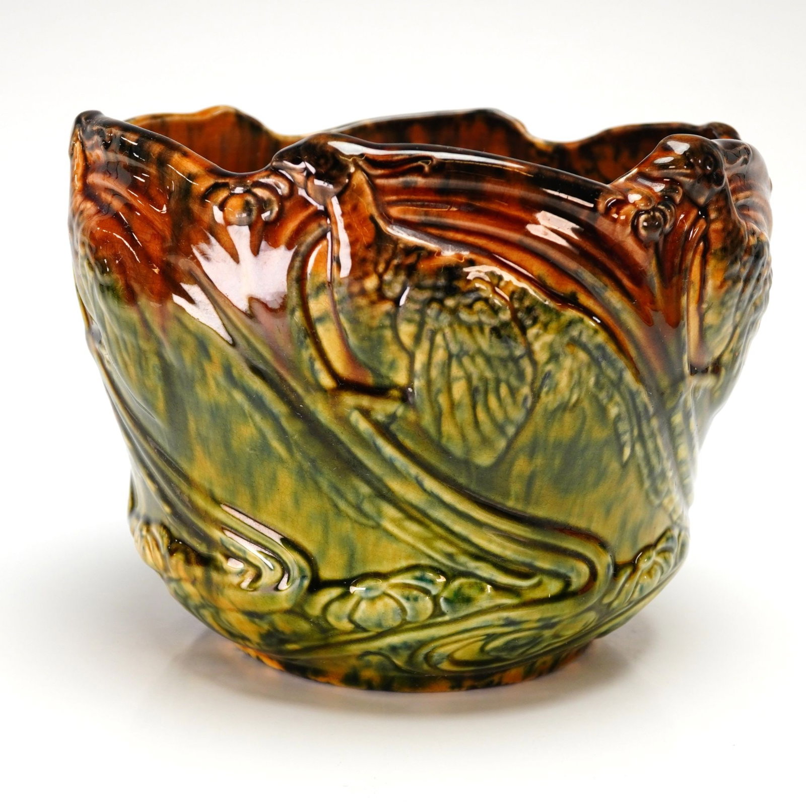 Antique c. 1920 Majolica Jardiniere Planter in Brown, Yellow and Green Glazes (1 of 3)