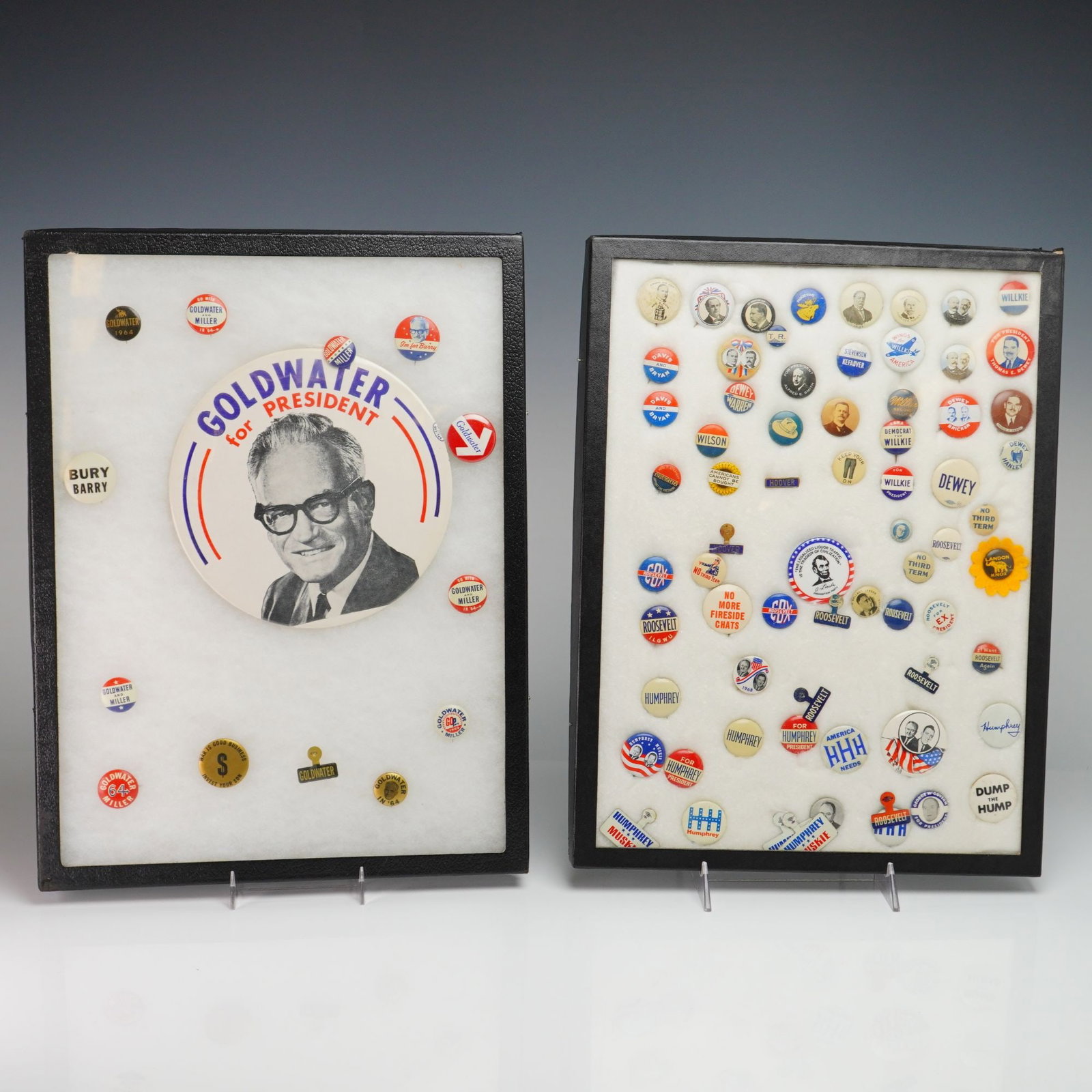 A Collection of American Political Campaign Buttons and Pins in Two Display Trays Including Barry (1 of 3)
