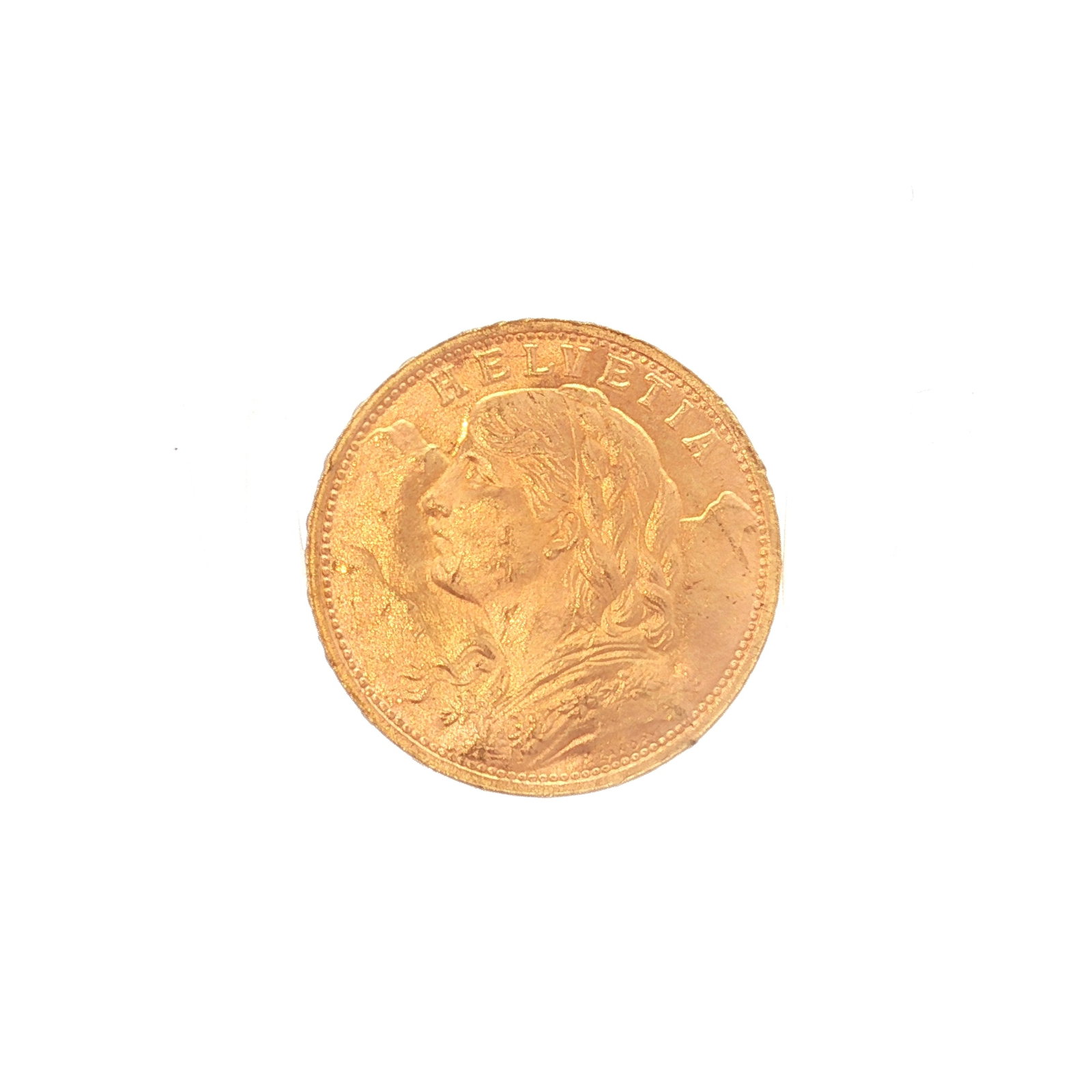 1935 Switzerland 20 Francs Vreneli Gold Coin: Minted by Bern, Switzerland. The obverse depicts bust of young woman left-facing with tresses and a garland of edelweiss. The reverse displays Coat of Arms and Oak (Quercus robur) branch with acorns a