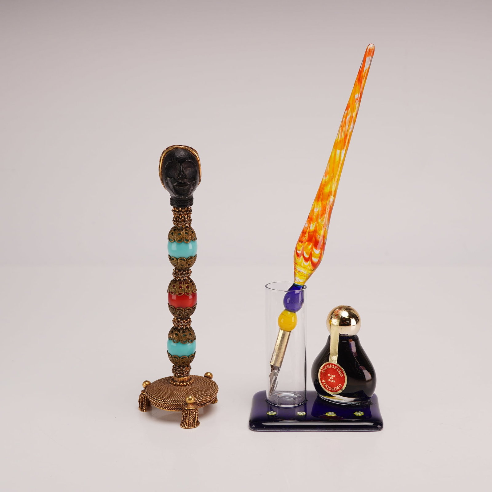 Two Venetian Glass and Metal Calligraphy Pen and Stand Sets (1 of 3)