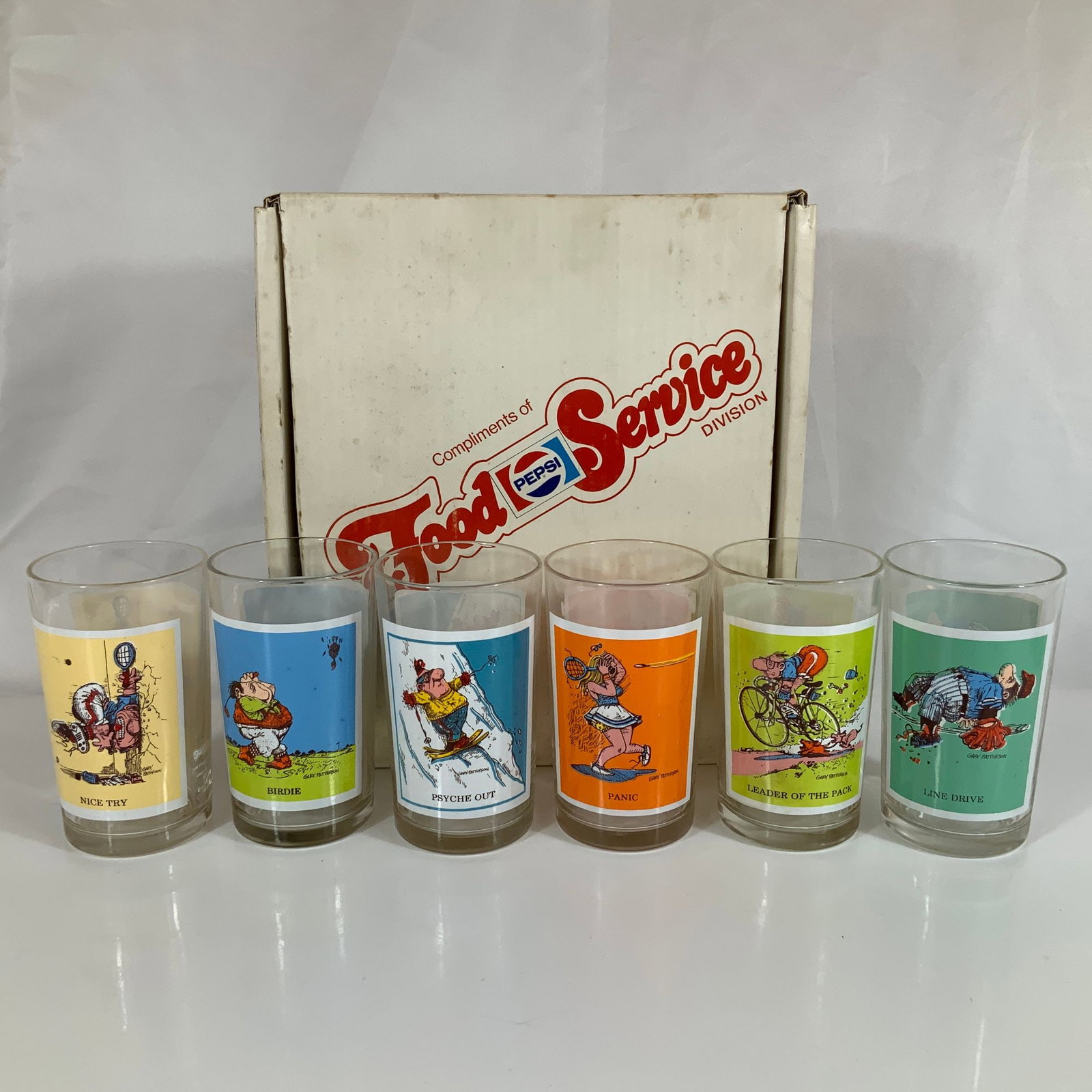 Set of 6 Pepsi Sport Collectors Series Drinking Glasses with Gary Patterson Art 1980 (1 of 4)