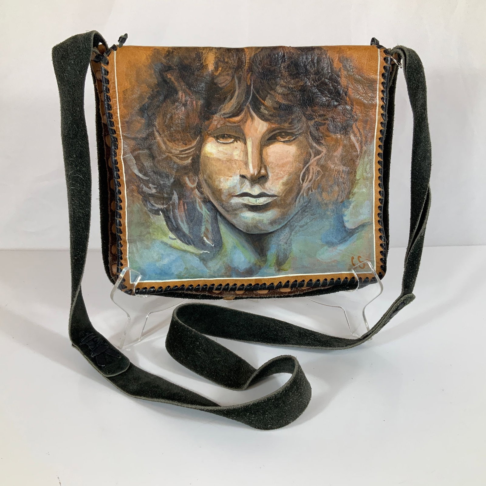 Vintage Boho Patchwork Leather Shoulder Bag with Hand-Painted Jim Morrison Portrait Signed CS (1 of 3)