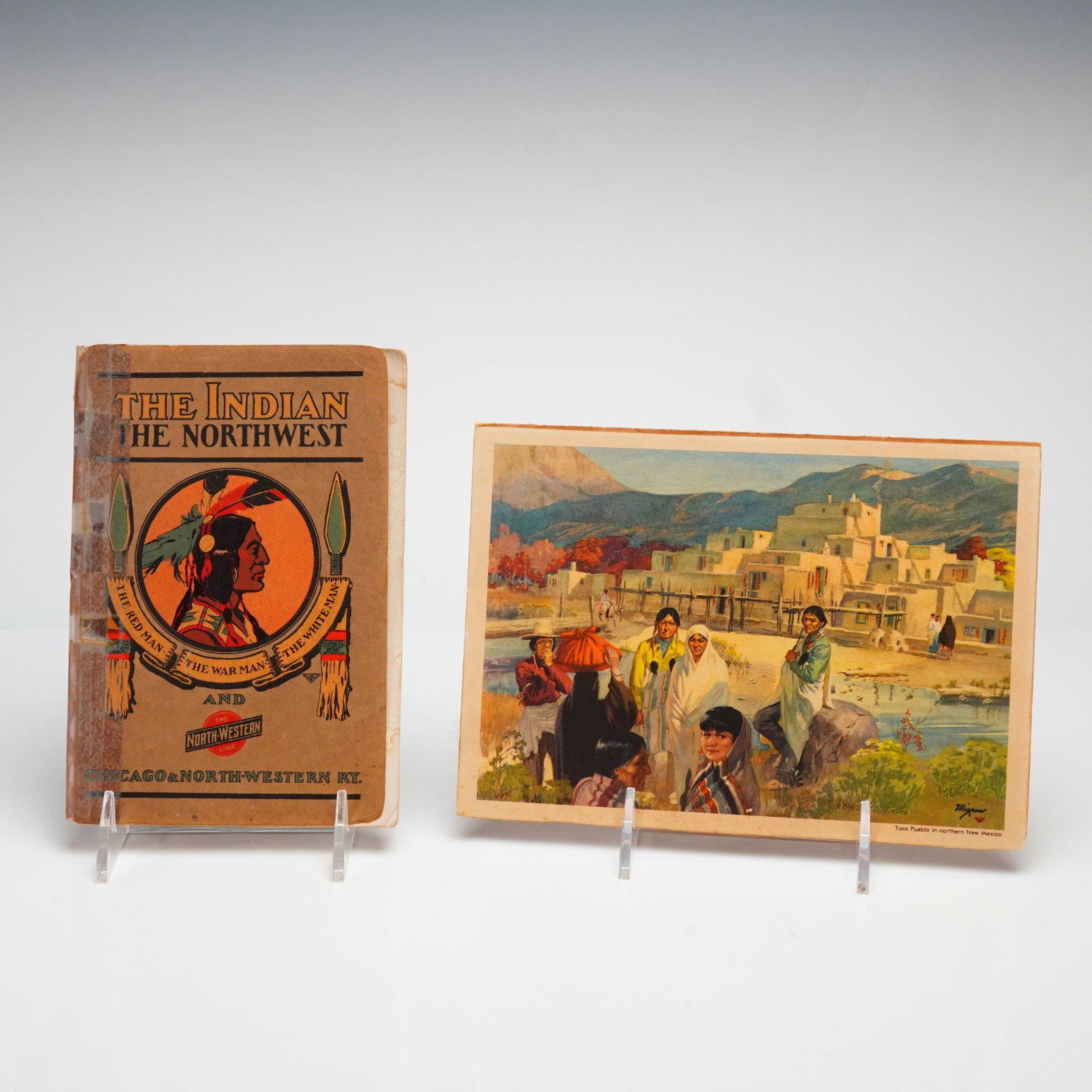 2pc The Indian the Northwest Booklet and Santa Fe Dining Car Menu: Collection includes a booklet titled "The Indian the Northwest: The Red Man, The War Man, The White Man, and the Northwestern Line", Chicago: Traffic Department, Chicago & North-Western Railway Co., 1