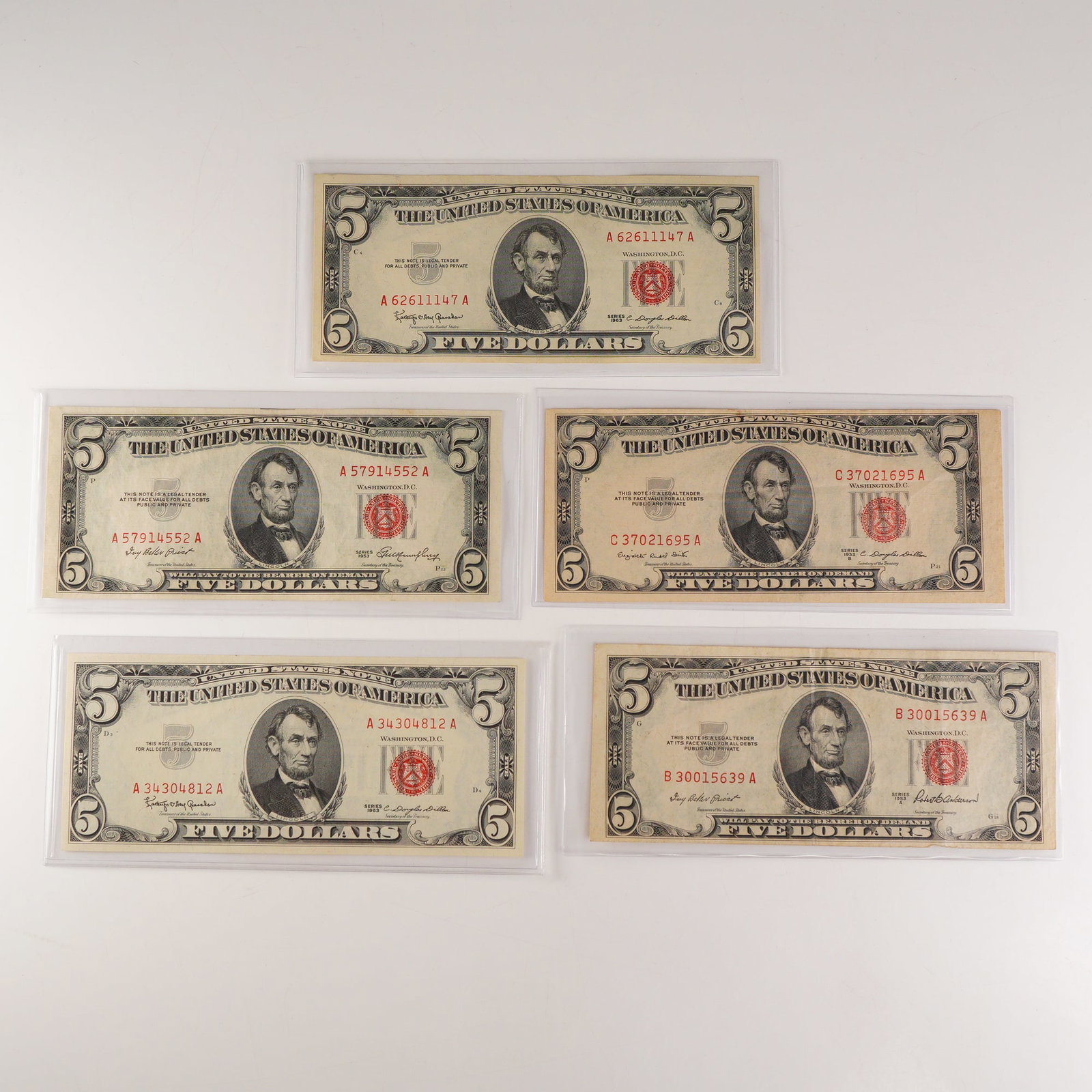 5pc 1953, 1953A, 1953B, and 1963 United States $5 Silver Certificates (1 of 2)