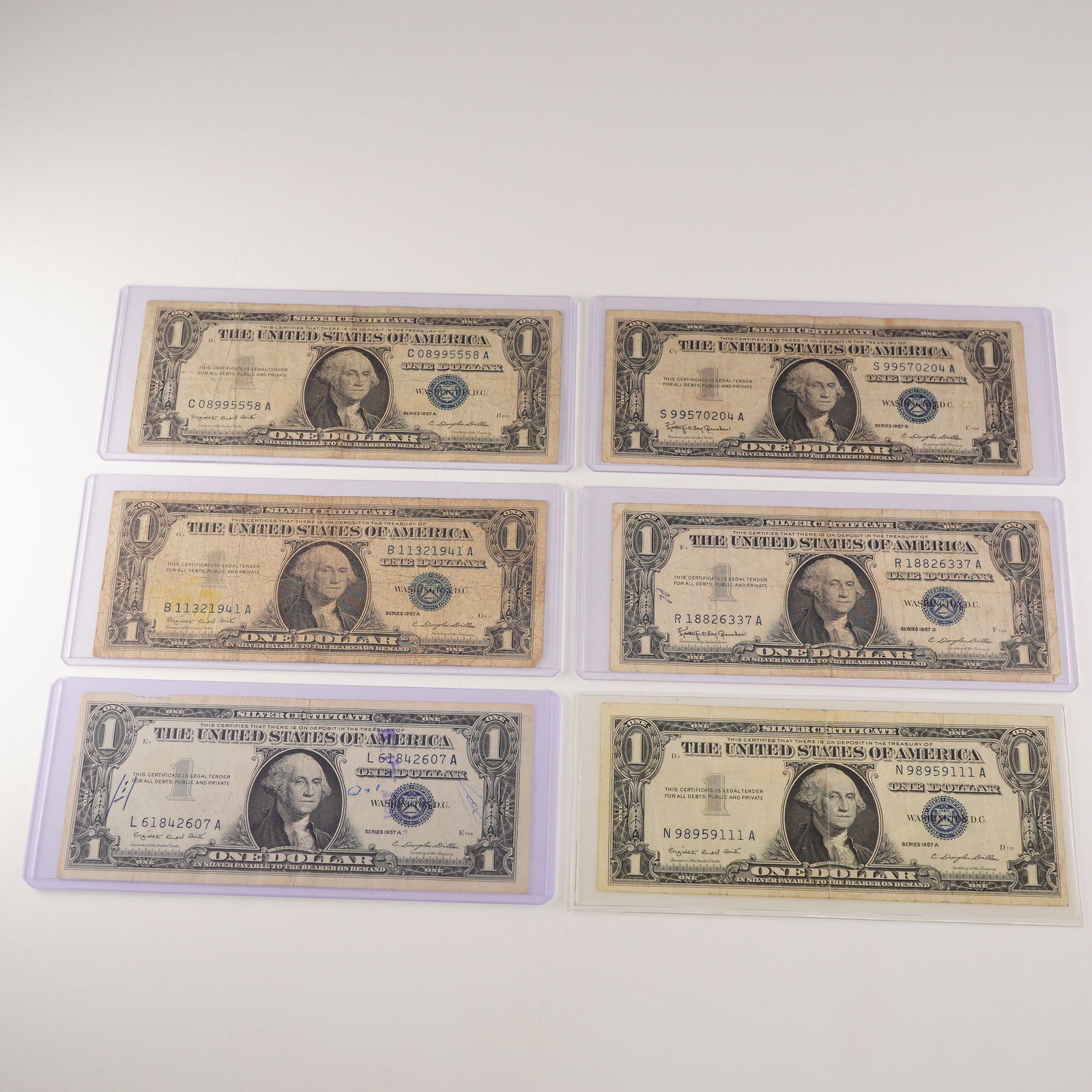 6pc 1957 A,B U.S. Silver Certificate One Dollar Notes (1 of 2)