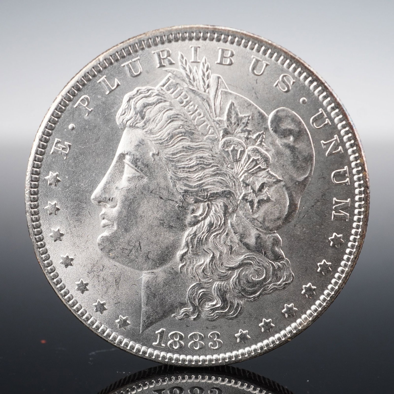 1883 Morgan Silver Dollar: An 1883 Morgan Silver Dollar, struck in ninety percent silver. The obverse displays a classical portrait of Lady Liberty facing left, adorned with a Phrygian cap, cotton blossoms, and wheat, with the