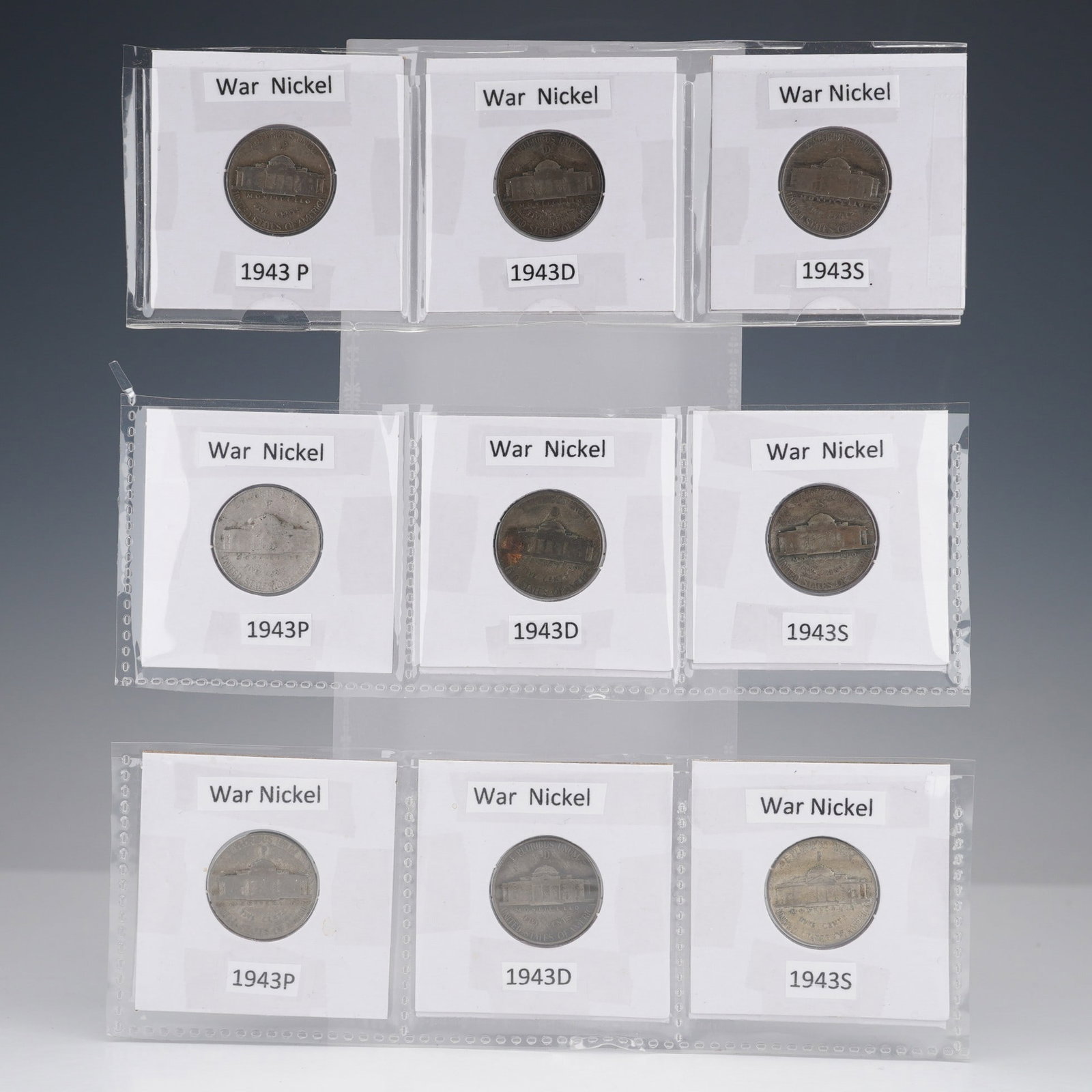 3pc 1943 D,P,S Jefferson War Nickels, 9 Coins: The set includes 1943-P, 1943-D, 1943-S, each housed individually in protective holders with clear labeling. Designed by Felix Schlag, these historic nickels were produced during World War II using re