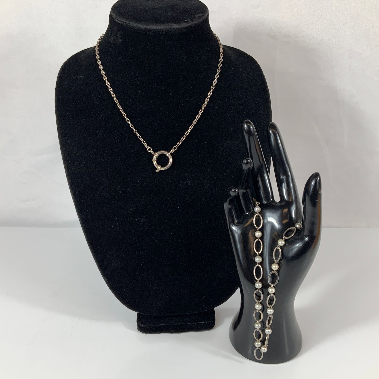 Two 925 Sterling Silver Necklaces Including a Sailor Clasp Chain and a Pearl Station Necklace (1 of 3)