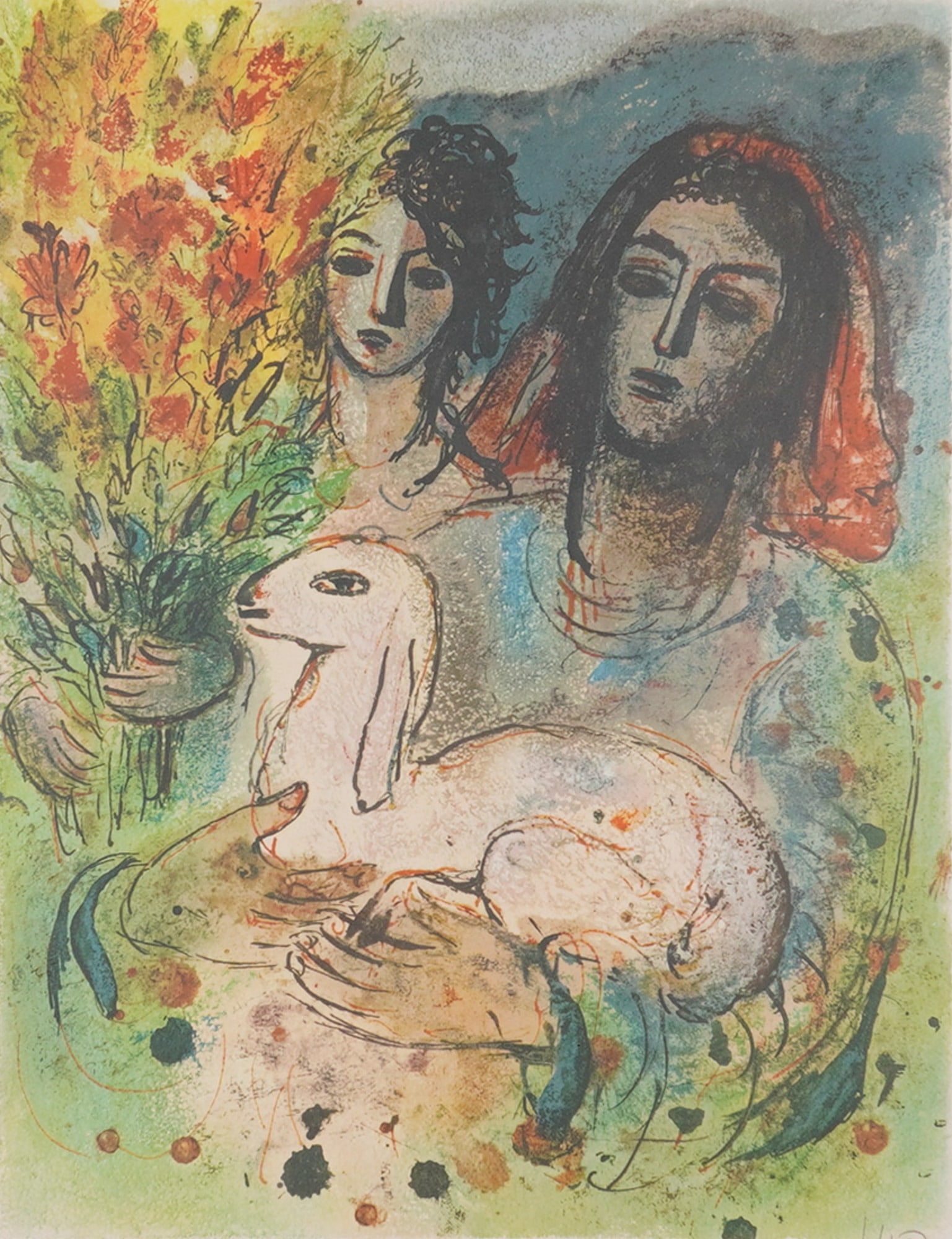 Reuven Rubin, 'Women with Flowers and Lamb', Color Lithograph, 85/200: This color lithograph on paper by Reuven Rubin (Israeli, 1893–1974) features a whimsical figurative composition depicting two women. One figure holds a large bouquet of vibrant orange flowers while