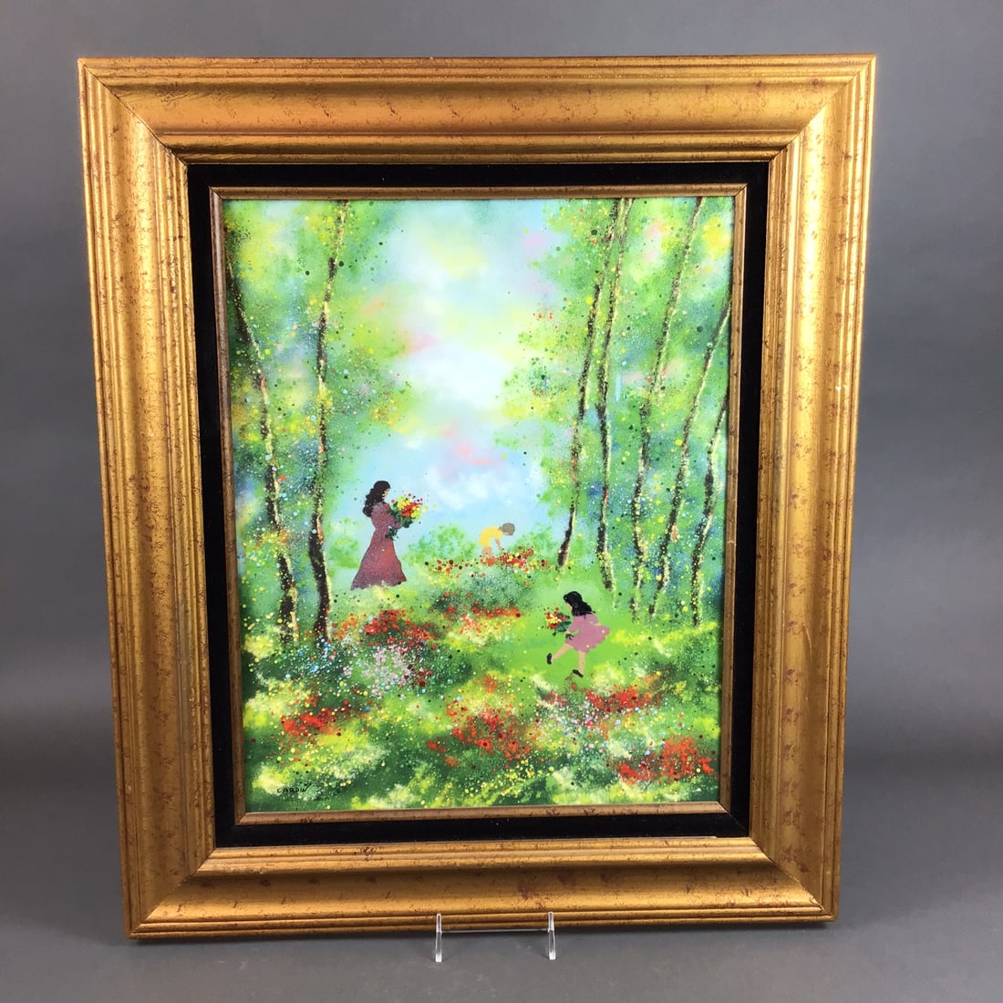 Louis Cardin Framed Enamel on Copper Painting, Gathering Flowers (1 of 3)