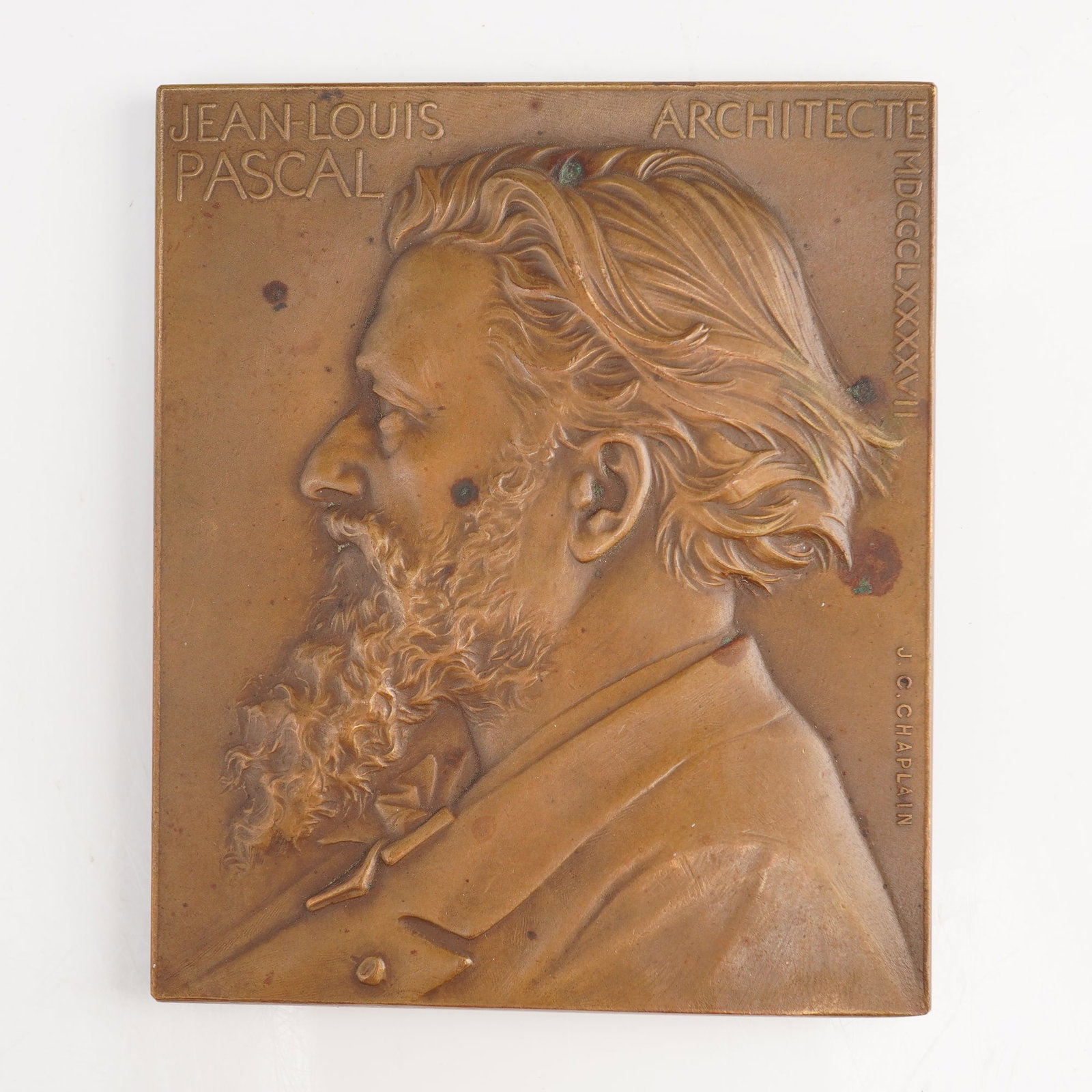 Jules-Clément Chaplain: Commemorative Bronze Plaque of Architect Jean-Louis Pascal, 1897 (1 of 2)