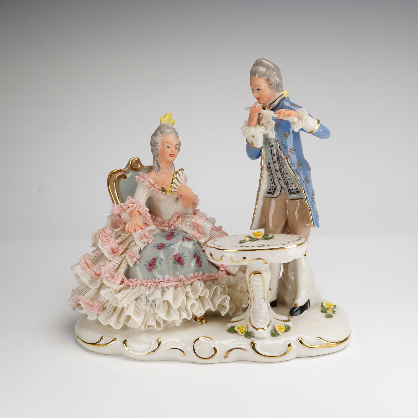 Dresden Lace Porcelain Figurine Depicting a Courtly Musical Scene (1 of 3)