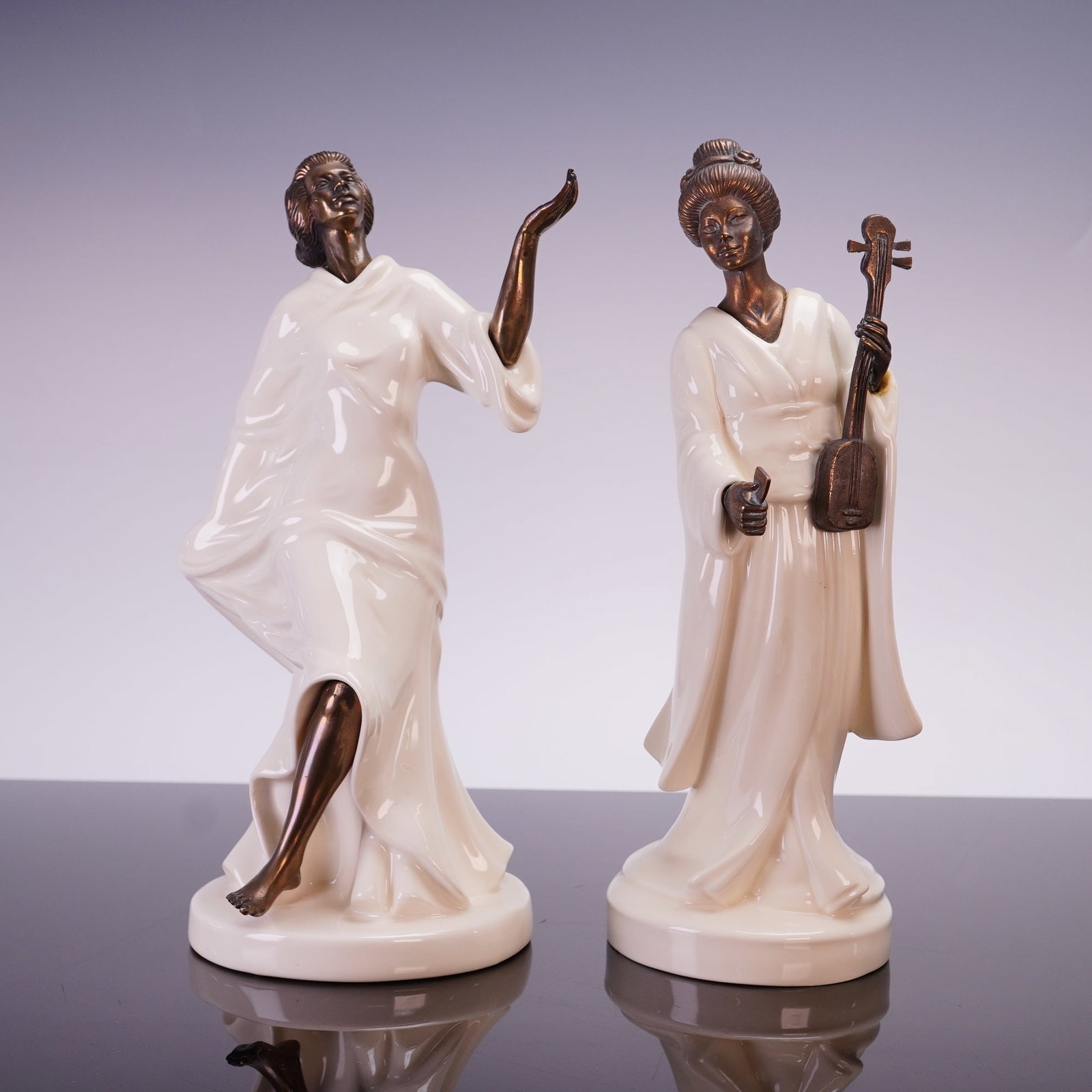 2pc Minton Bone China and Bronze Figurines, Grecian Dancer and Geisha (1 of 3)