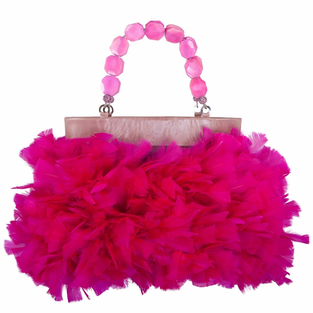 Irene Marie Angel Bag, Mary Precious Medio Leather: One-of-a-kind, unique creation, couture rose nacre leather top precious handbag with fuchsia French cut chandelle feathers and a pink jade handle. Lining Fuchsia raw silk. Handle Pink 35mm x 30mm hexa