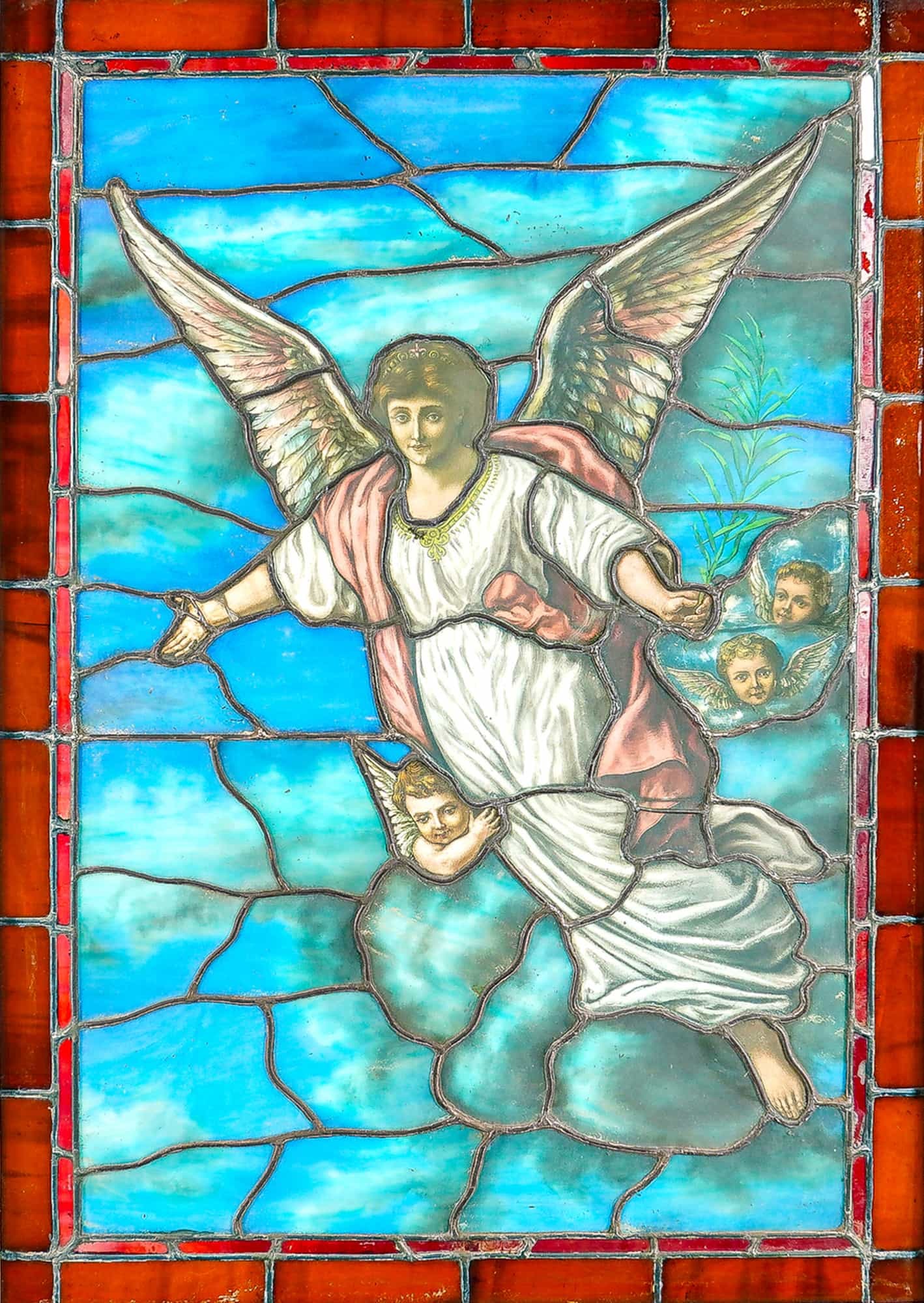 Stained Glass Window w/ Guardian Angel Holding a Palm & Cherubs (1 of 7)