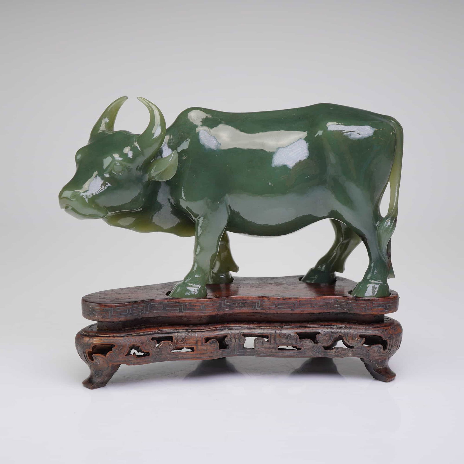 Chinese Spinach Green Jade Water Buffalo with Wooden Stand (1 of 3)