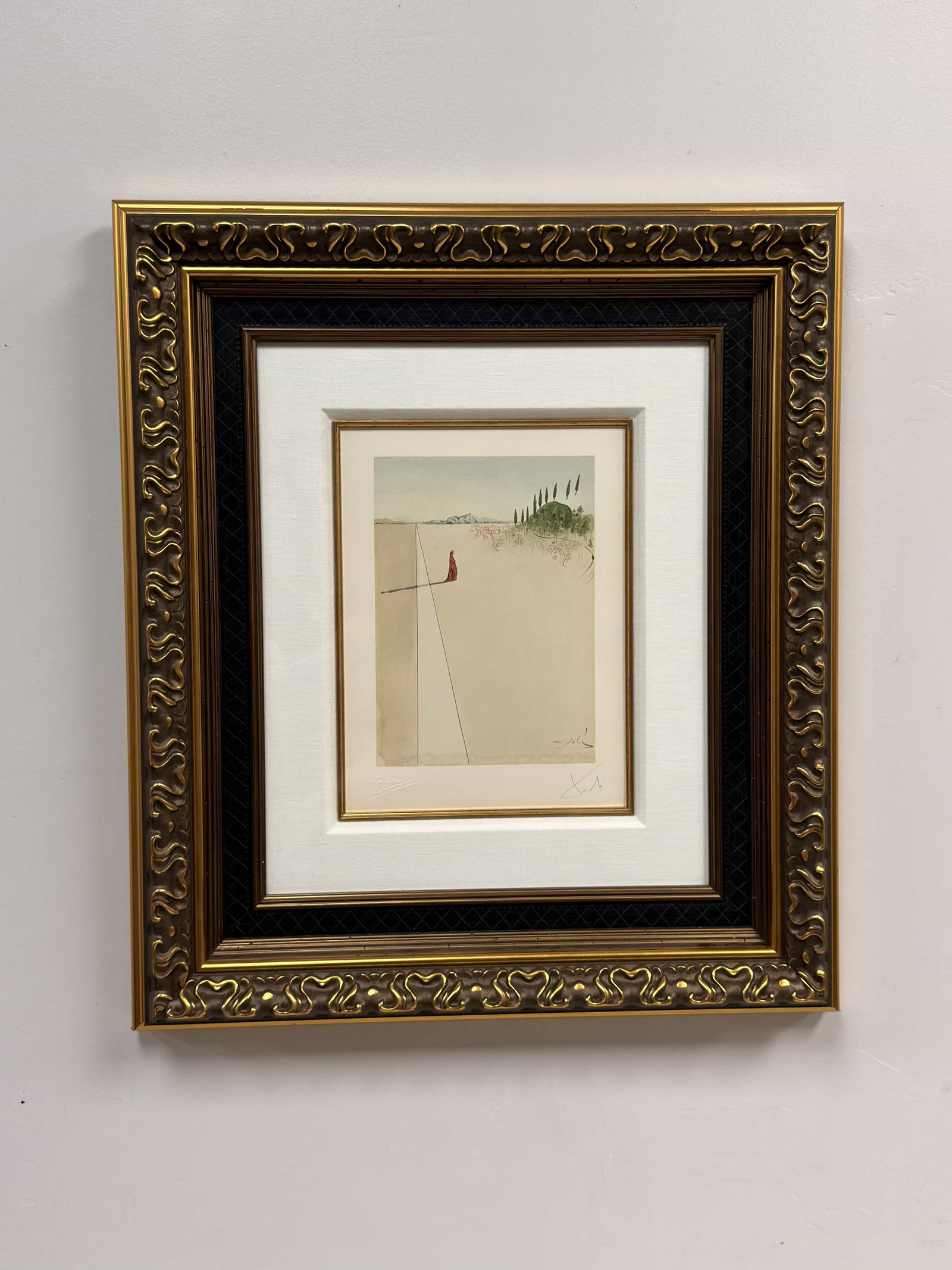 After Salvador Dali (Spanish, 1904-1989) Wood Engraving Departure for the Great Journey Divine: This wood engraving in color on Rives paper is by Salvador Dali (Spanish, 1904-1989), titled Departure for the Great Journey (Depart pour le grand voyage) after an original watercolor by the artist. T