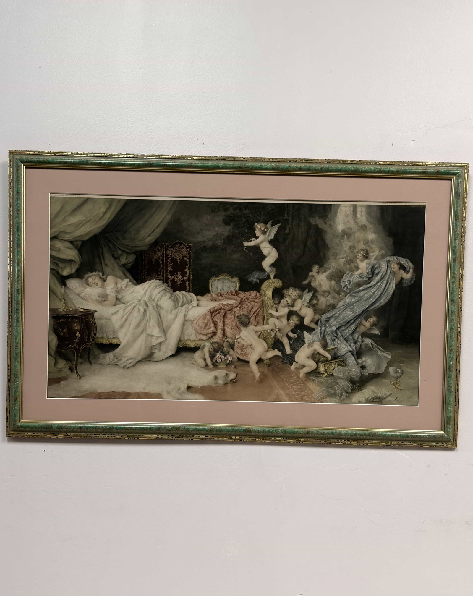 After Francesco Vinea Un Reve d'Amor (A Dream of Love) Lithograph 1895: This late 19th-century lithograph is titled Un Reve d'Amor (A Dream of Love) after the original work by Francesco Vinea (Italian, 18451902). The composition depicts a sleeping woman in an opulent, can