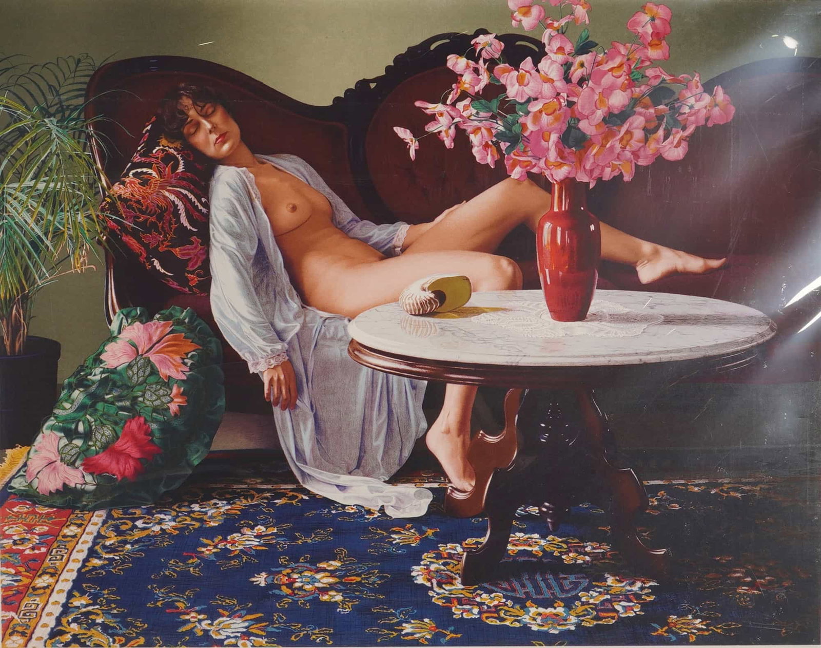 Douglas Hofmann (American b. 1945) Lithograph on Paper, Signed & Numbered: This large work by Douglas Hofmann, titled Jessica, is a lithograph on paper executed in a contemporary realist style. The composition depicts a semi-nude reclining female figure draped in a light blu