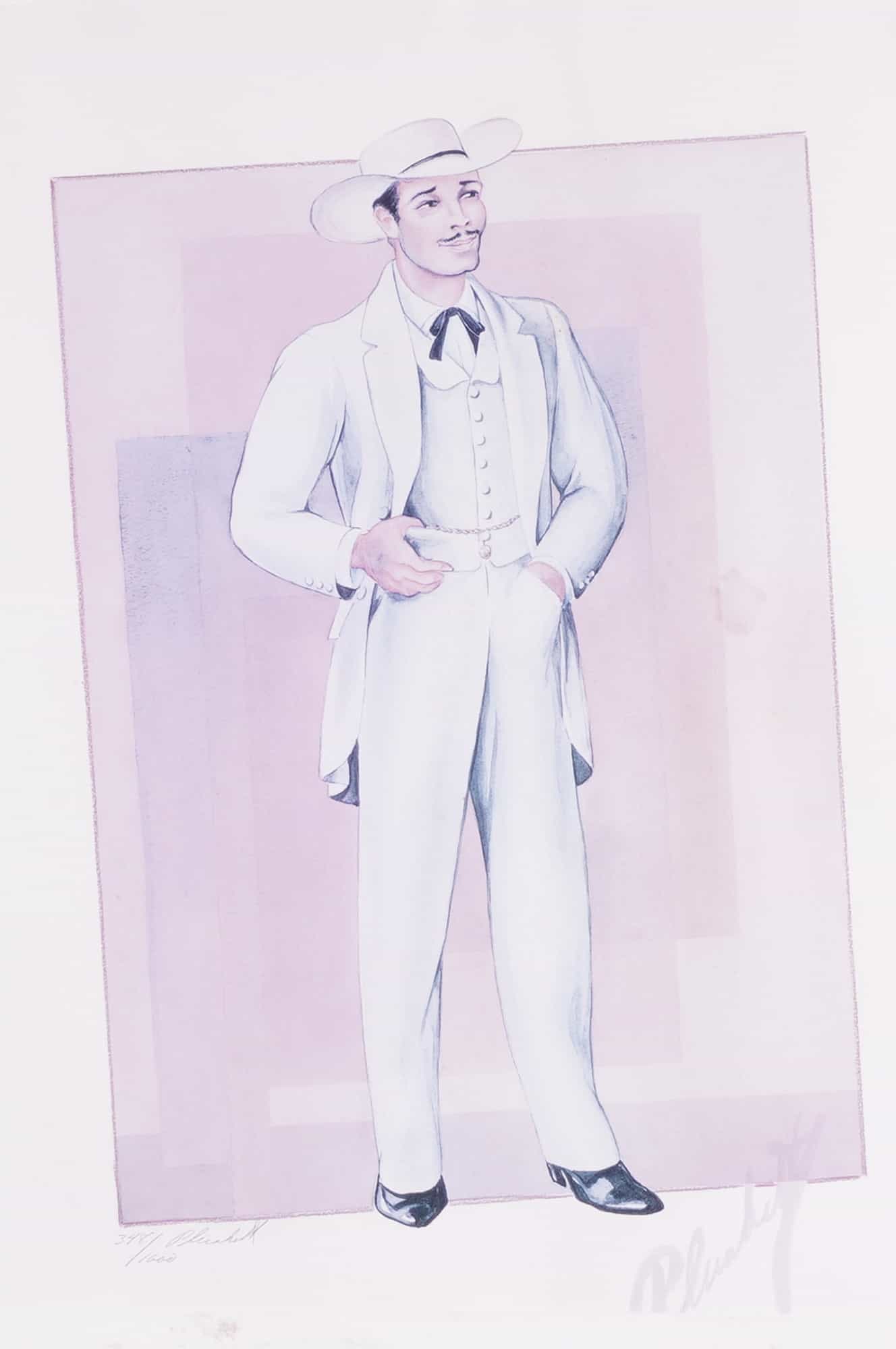 Walter Plunkett Gone with the Wind Rhett Butler Costume Design Lithograph: Walter Plunkett, color lithograph on paper, costume design for the character Rhett Butler as portrayed by Clark Gable in the 1939 film Gone with the Wind. The figure is depicted in a white period suit