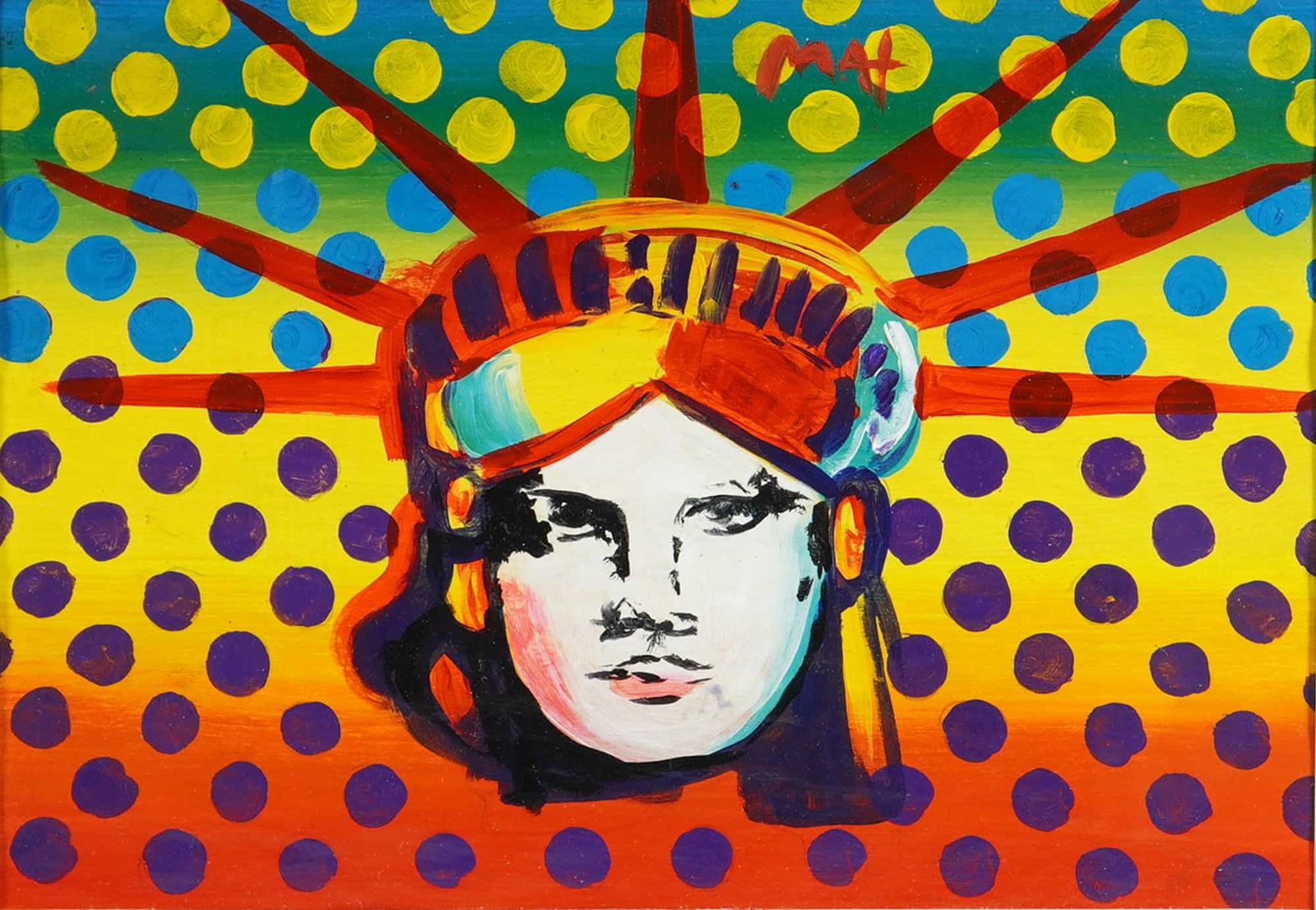 After Peter Max (German-American, b. 1937) Oil on Paper Board, Signed: This work after Pop artist Peter Max is an oil on paper board, titled Liberty Head. The composition features the head of the Statue of Liberty painted with a monochrome face, and light pink and blue h