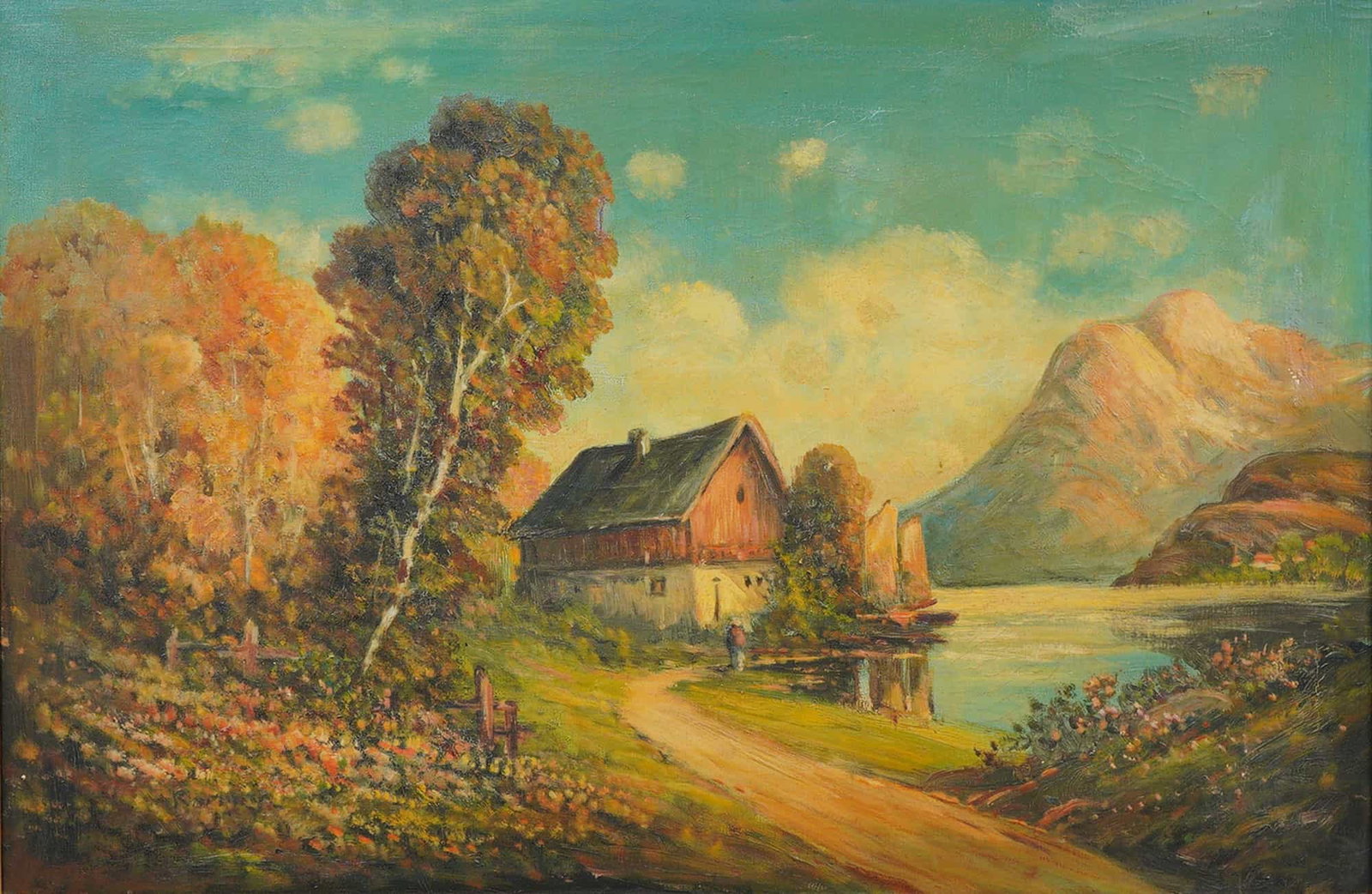 Framed Oil on Canvas Picturesque Landscape with Cottage by the Water (1 of 5)