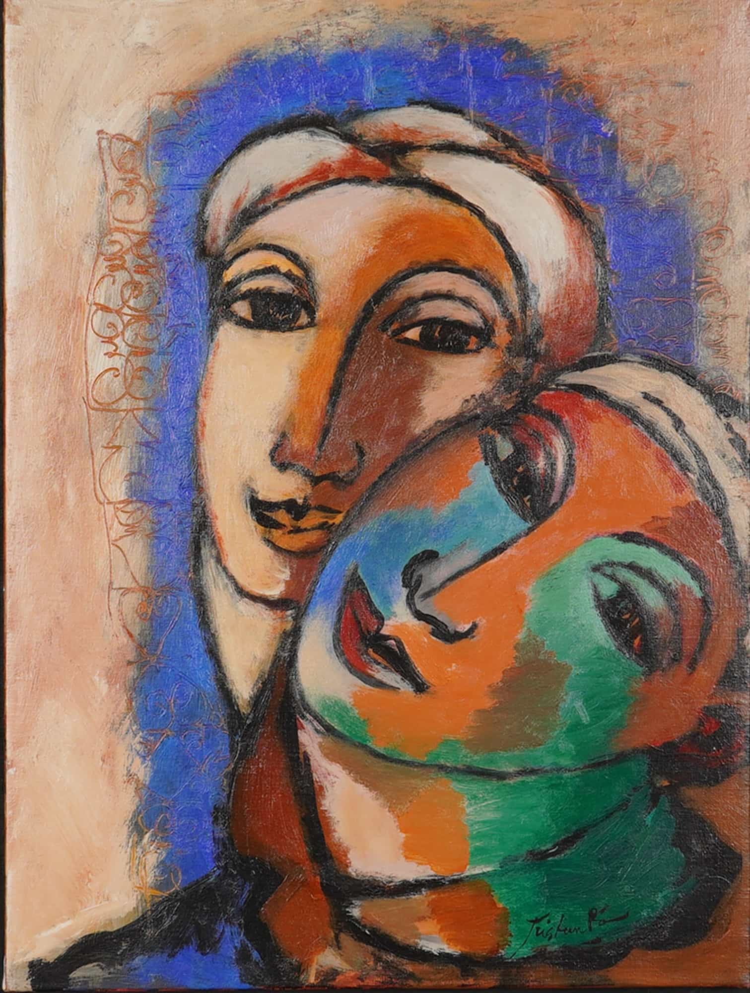 Tristan Ra (Contemporary), Les Amoureux, (Signed): Tristan Ra (Contemporary), oil on stretched canvas, two stylized overlapping faces, expressionist style with vibrant orange, green, and blue tones and heavy black outlines, signed Tristan Ra in the lo