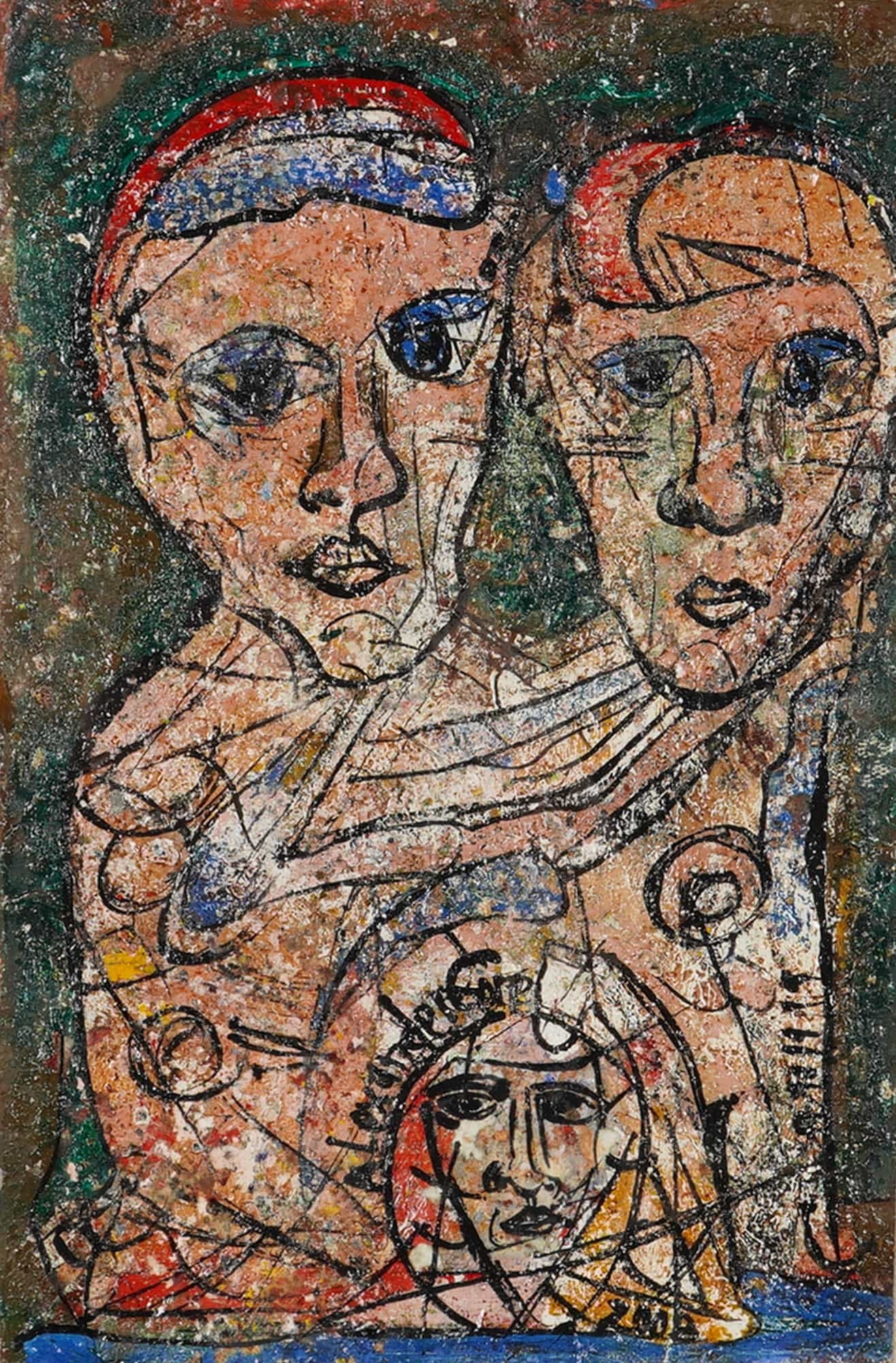 Alexander Gore (Russian, 1958) Parameters of the Joint Endeavor 2008: An original oil painting on paper by Alexander Gore (Russian, b. 1958) titled Parameters of the Joint Endeavor. The work is rendered in a Neo-Expressionist style featuring a trio of stylized figures.