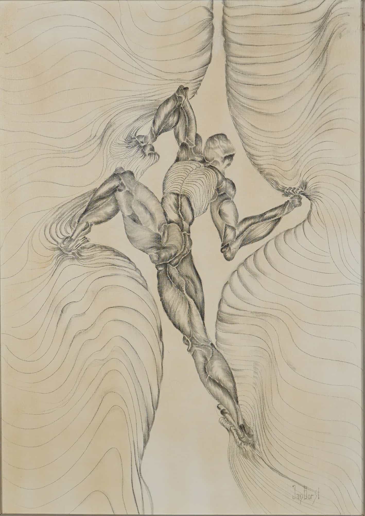 Jan Borst Original Graphite Drawing on Canvas, Surrealist Ecorche Figure: This original graphite drawing on canvas by Jan Borst features a Surrealist ecorche figure in a climbing pose. The composition centers on a highly muscled human form with detailed anatomical rendering