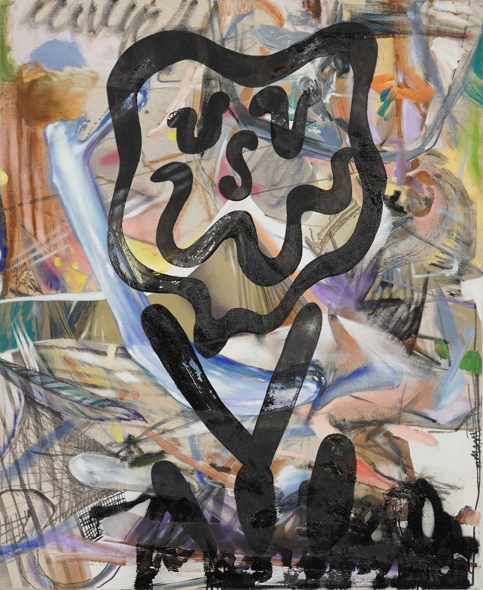 Mishuk, Neo-Expressionist Multi-Media Painting on Canvas, Signed: A contemporary large-scale abstract painting on stretched canvas signed Mishuk. The work features a central graphic figure executed in heavy black gestural strokes layered over a background characteri