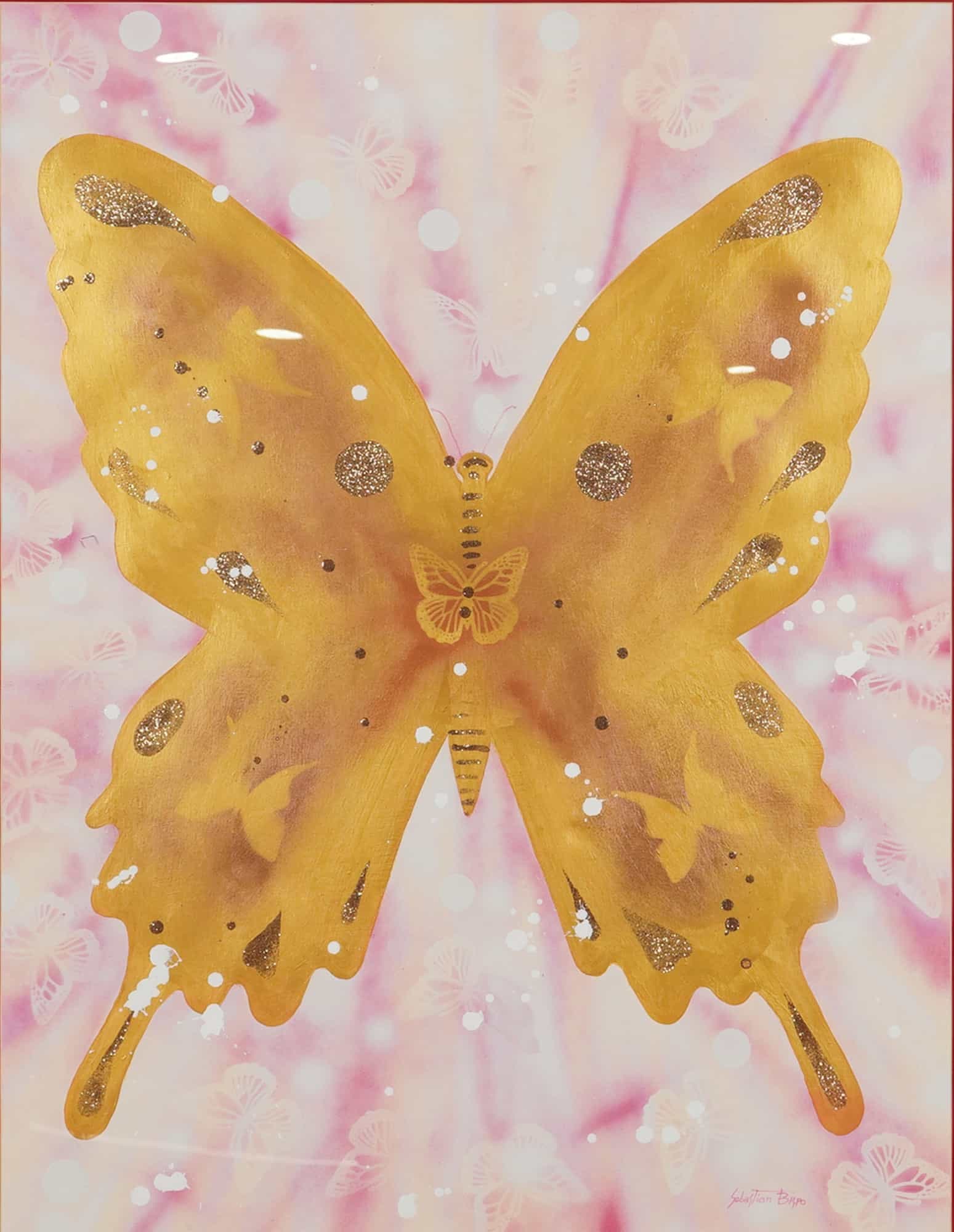 Sebastian Bispo Multimedia on Paper Painting of Butterflies: This multimedia on paper painting by Sebastian Bispo depicts butterflies and is executed with acrylic, glitter, and spray paint. The central figure is a large butterfly rendered in gold metallic paint