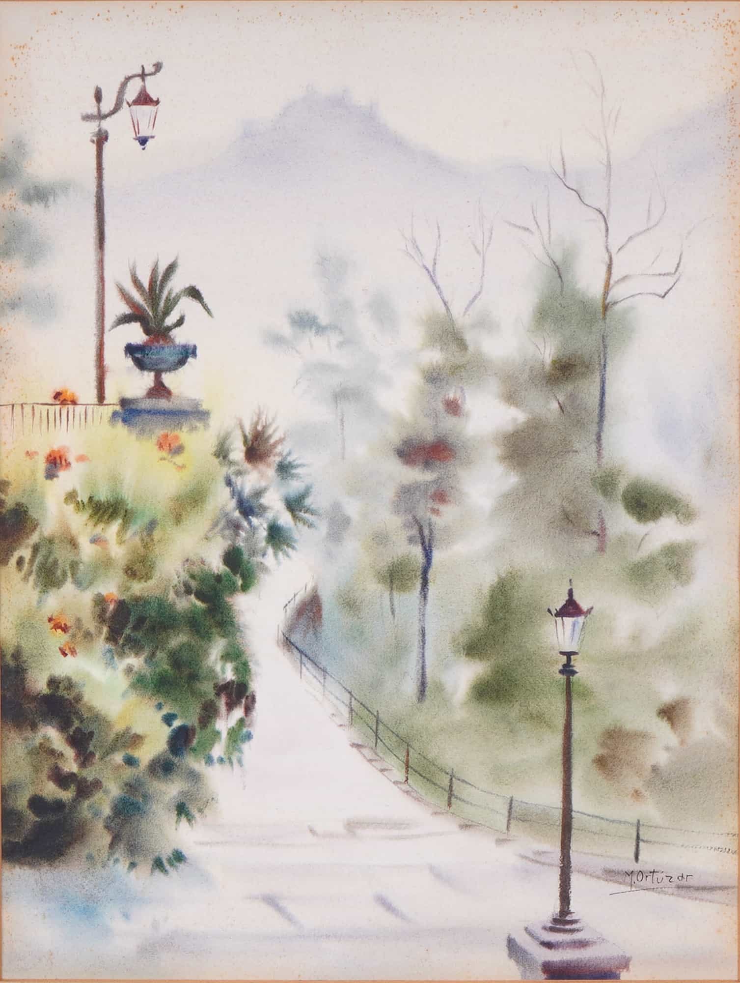 Mariano Ortúzar (Chilean, 20th Century), 'Misty Park Path', (Signed): Mariano Ortúzar (Chilean, 20th Century). This atmospheric landscape is rendered in watercolor and gouache on paper. The composition features a winding park path enveloped in fog, flanked by ornate Vi