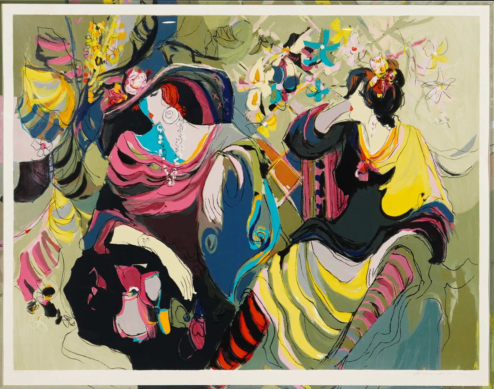 Isaac Maimon Gazebo Limited Edition Signed Serigraph: This limited-edition color serigraph on paper is titled Gazebo by artist Isaac Maimon. The composition depicts seated women in stylized attire and floral accessories, set against a background of abstr