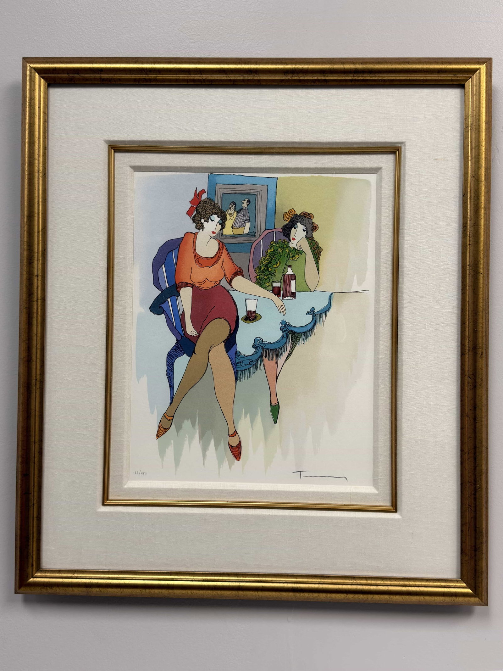 Itzchak Tarkay (Israeli, 1935-2012) Happy Hour Color Serigraph, Signed: This color serigraph on wove paper is titled Happy Hour (2006) by artist Itzchak Tarkay. The composition features two women in a stylized, modern interior, seated at a table with glasses and a bottle,