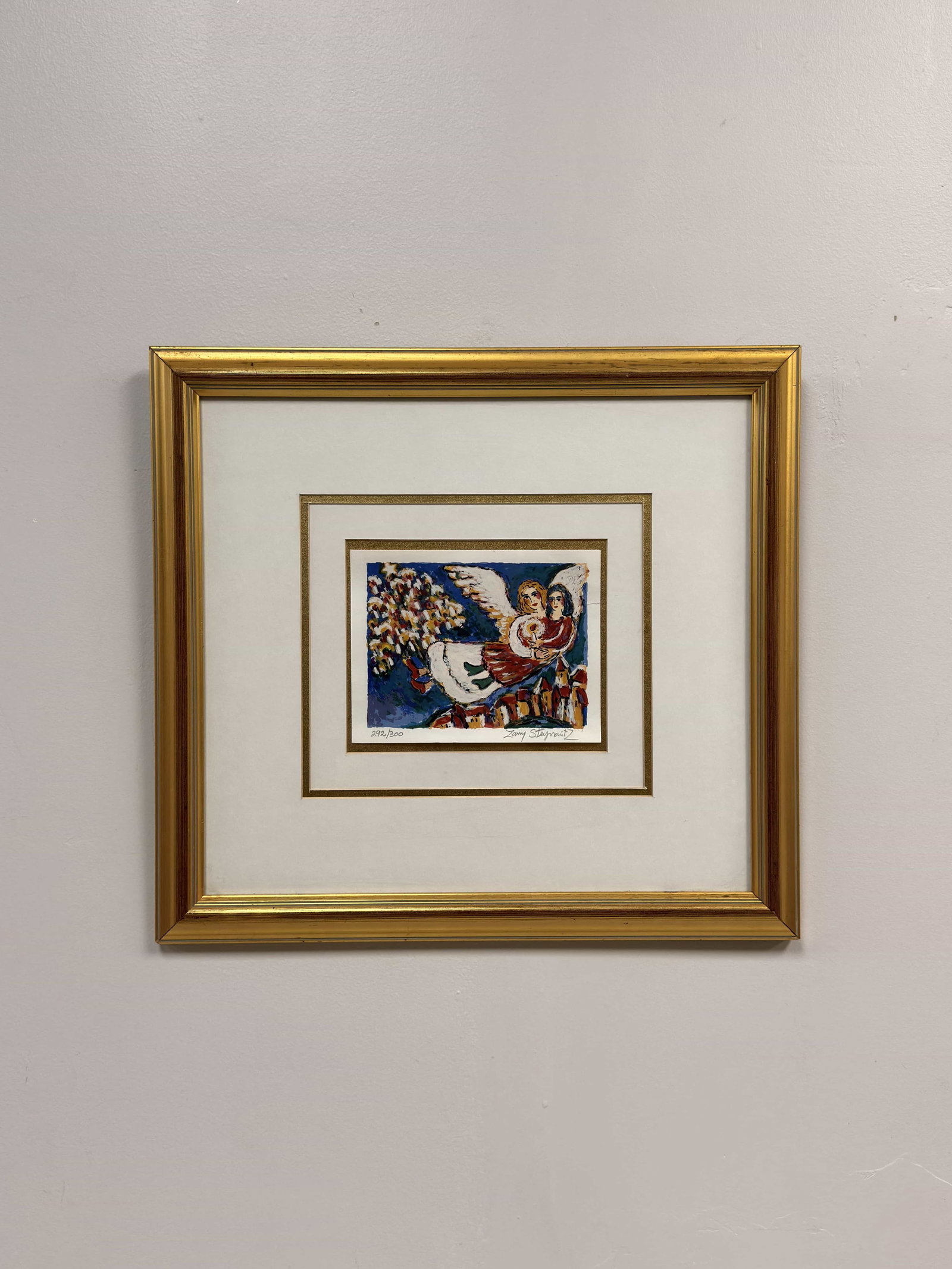 Zamy Steynovitz (Polish 1951-2000) Serigraph, Small Figures Angel with Candle Woman, Signed: This limited edition serigraph on heavy textured wove paper is titled Small Figures - Angel with Candle Woman by the artist Zamy Steynovitz. The vibrant multicolor work depicts a whimsical scene featu