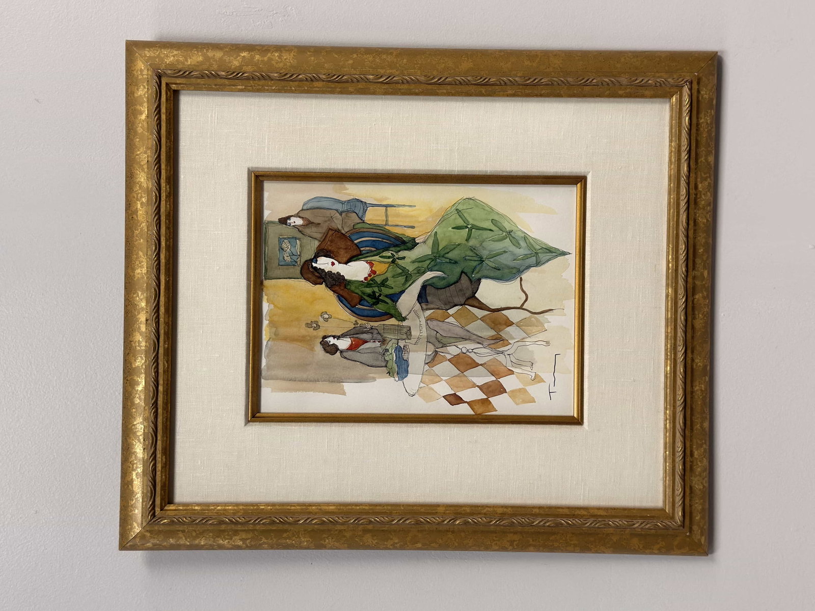 Itzchak Tarkay (Israeli, 1935-2012) Cafe Break Original Watercolor and Ink Drawing on Wove Paper,: This original watercolor and ink drawing on wove paper with gouache highlights is titled Cafe Break by Itzchak Tarkay. The composition features two stylized female figures within a vibrant cafe interi