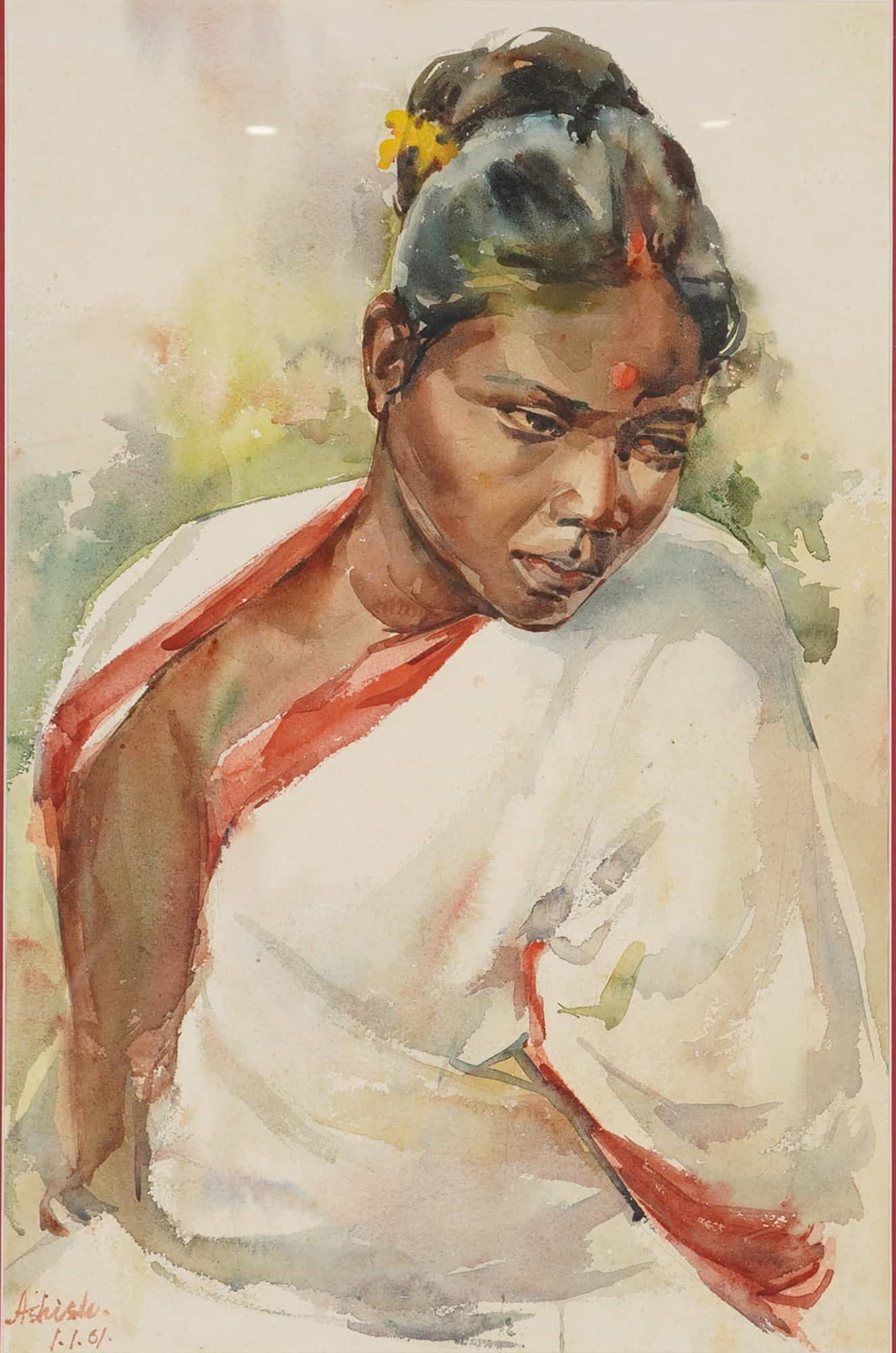Ashish Kumar Sen Gupta, Sarogini, Watercolor on Paper, 1961: This watercolor portrait on paper depicts a woman identified by inscription as Sarogini. The subject is shown from the chest up, wearing a white sari with a red border, a bindi on her forehead, and a