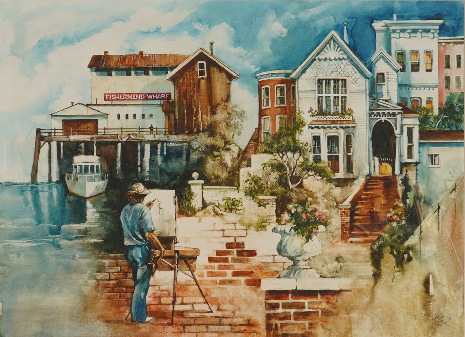 Gustave Wander (American 1934-2017) Watercolor on Paper, Signed: This watercolor and mixed media painting on paper by Gustave Wander depicts a coastal scene featuring an artist at an easel in the foreground. The composition includes a waterfront structure labeled F