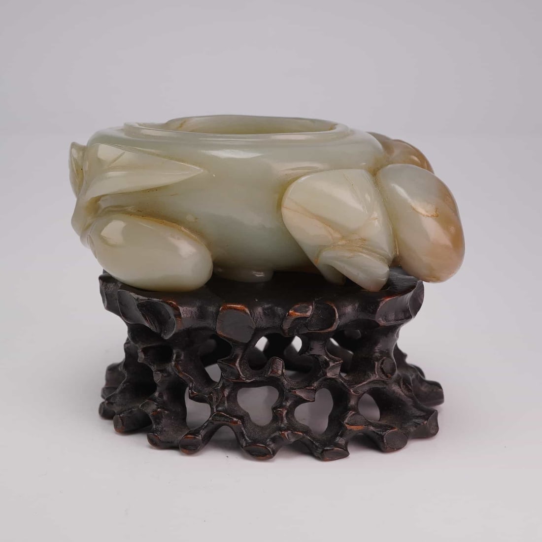 Celadon Jade Coupe and Wooden Base, Peaches Design (1 of 3)