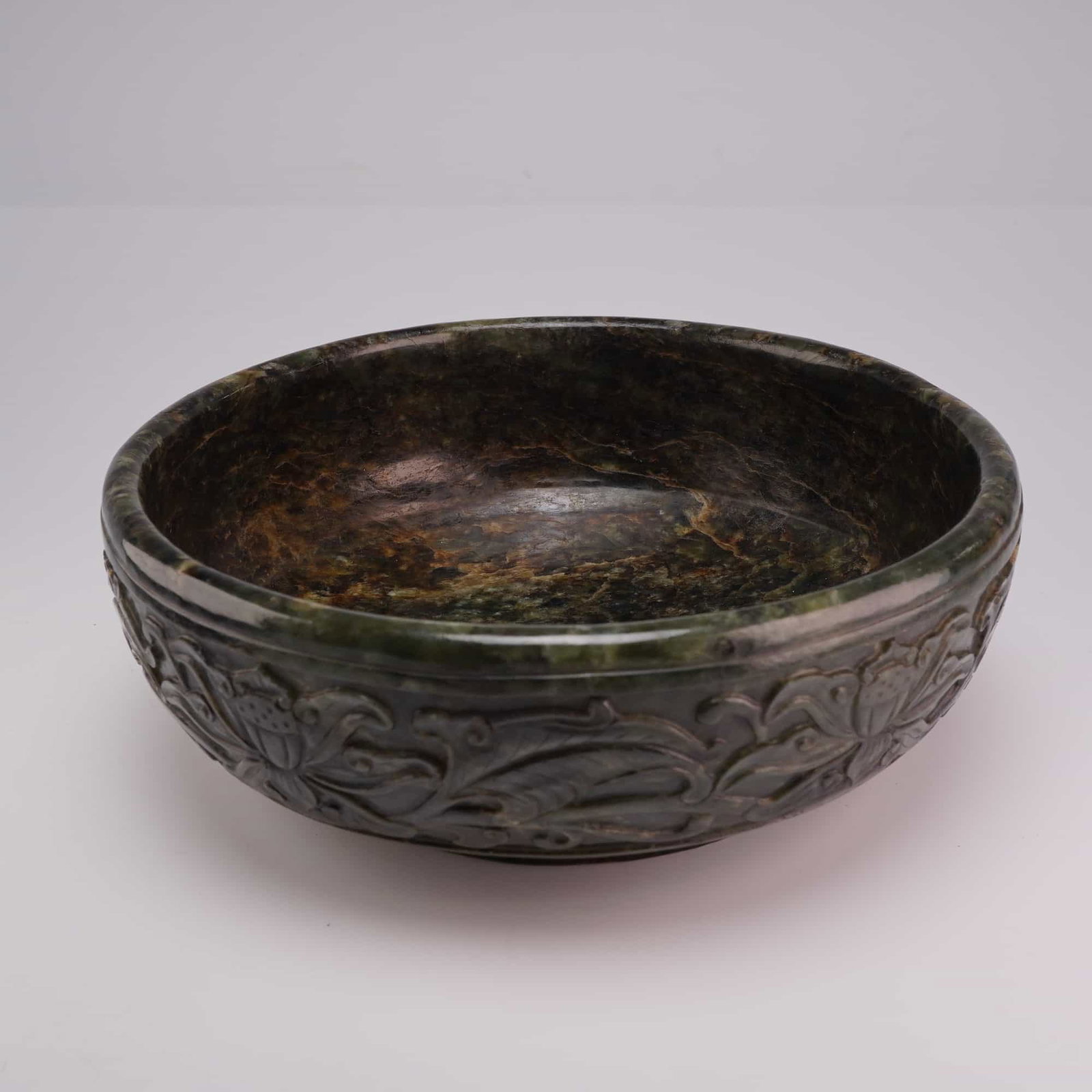 Chinese Spinach Jade Bowl, Lotus Design, Incised Qianlong Mark (1 of 3)