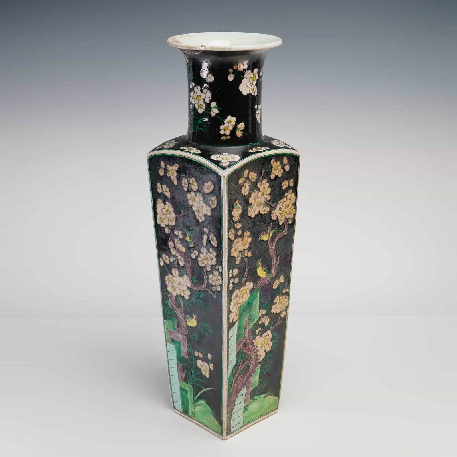 Chinese Famille Noire Porcelain Square Form Vase, Prunus and Birds (1 of 4)