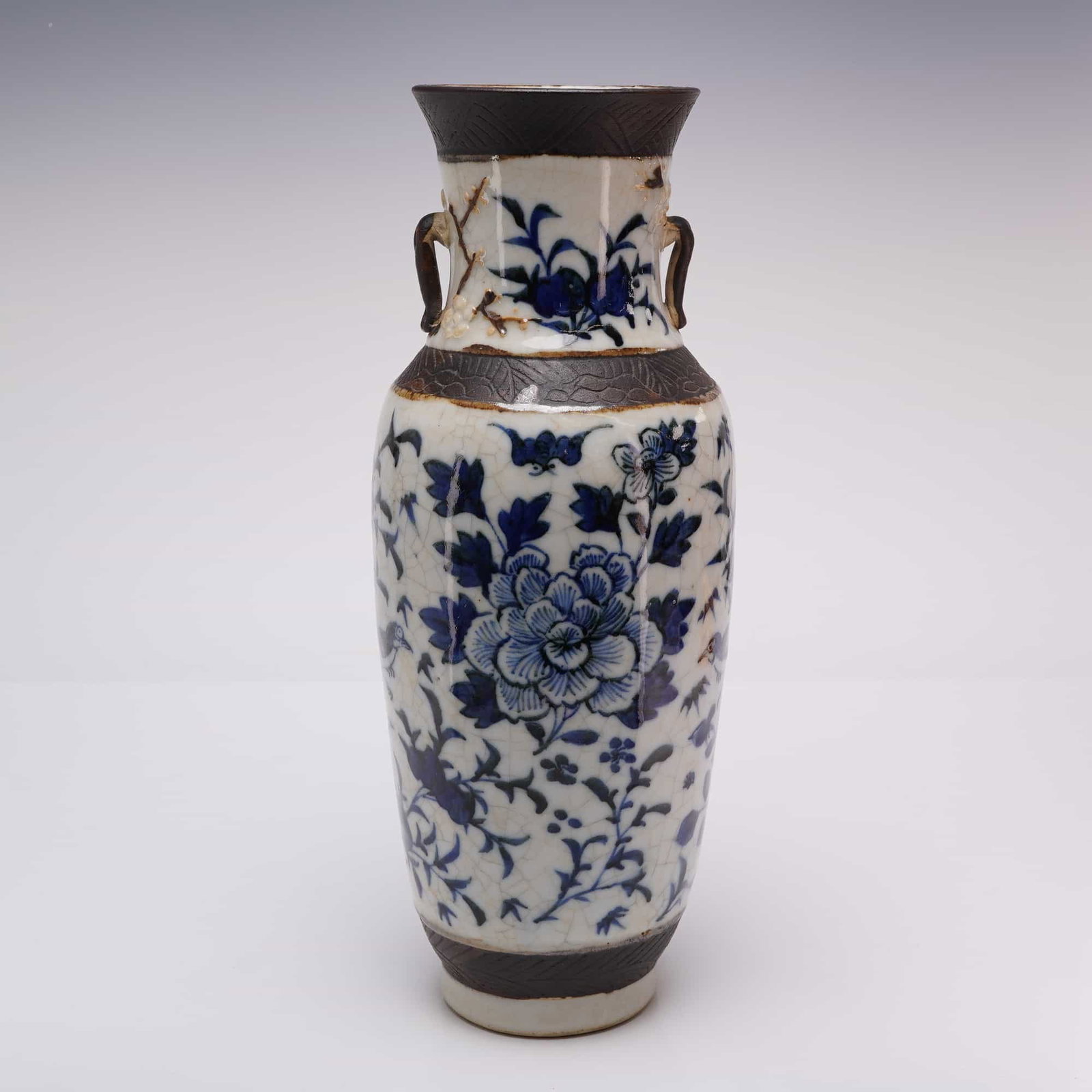 Chinese Blue and White Porcelain Vase, Brown Slip Borders, Flowers and Birds (1 of 3)