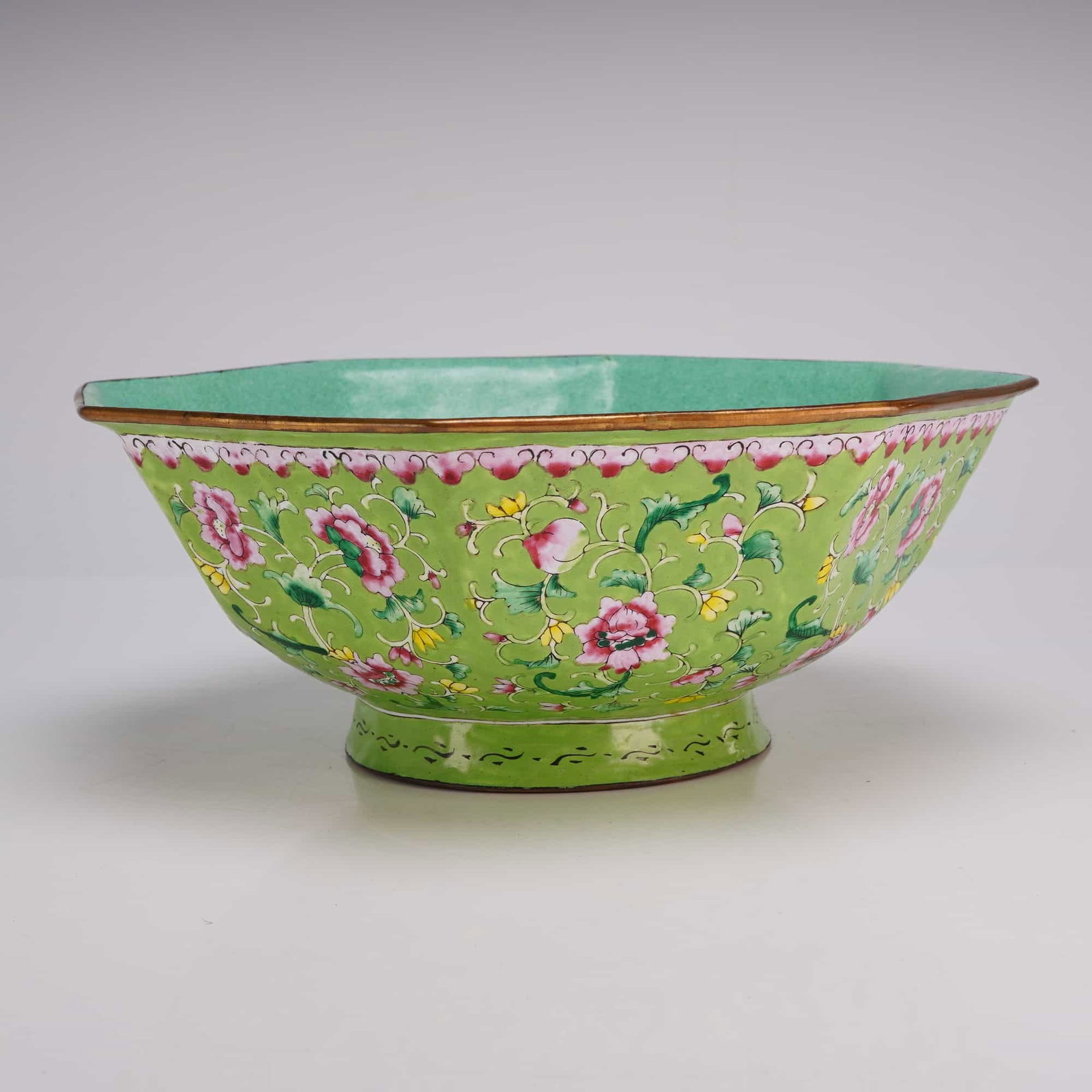 Chinese Canton Enamel Octagonal Bowl, Flowers on Green Ground (1 of 3)