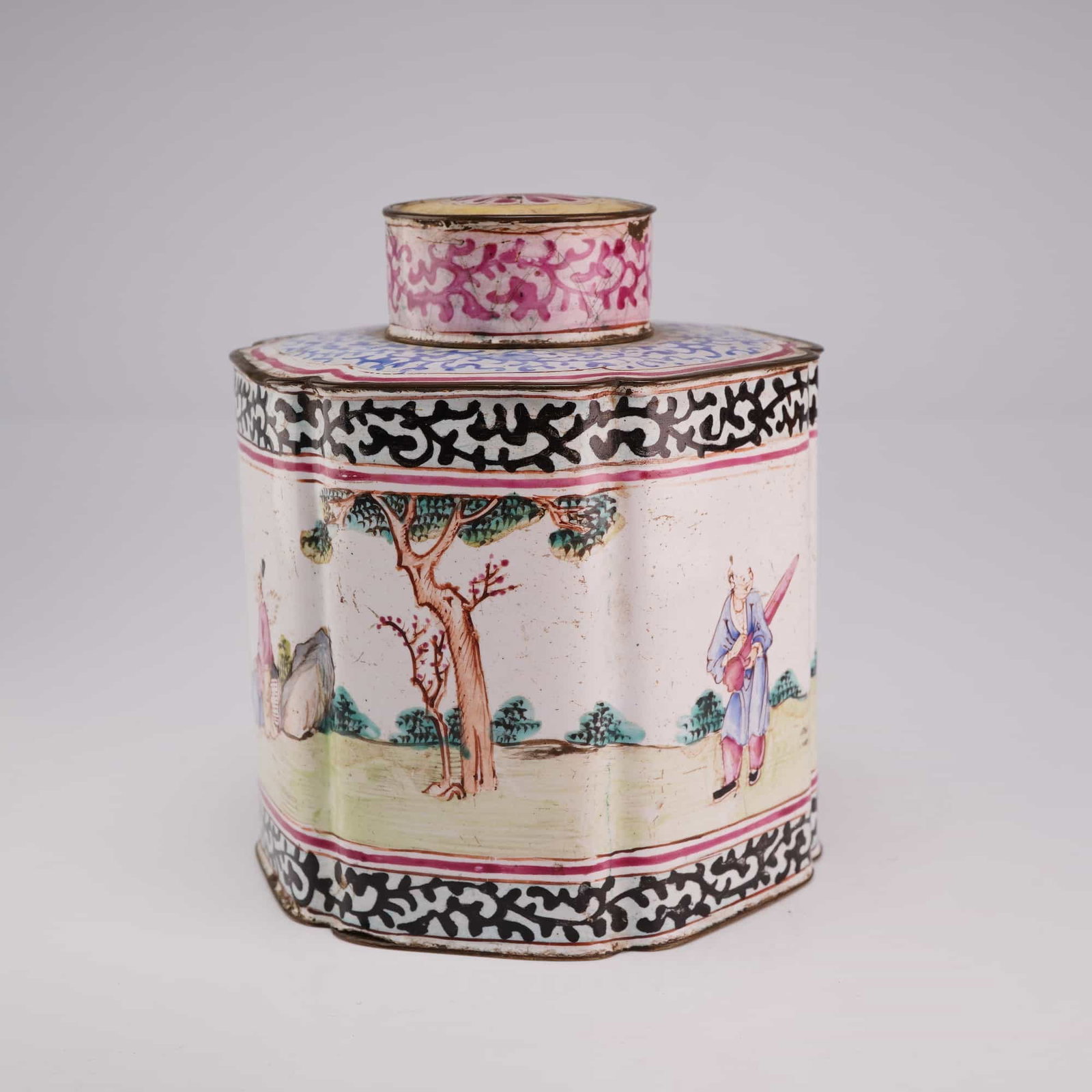 Chinese Canton Enamel Tea Caddy, Scholars in Garden (1 of 3)