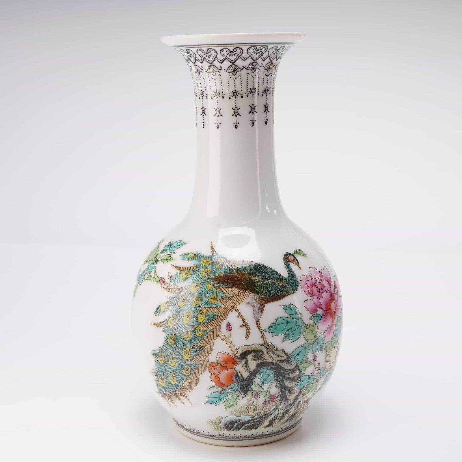 Small Famille Rose Porcelain Vase, Peacock and Peony (1 of 3)