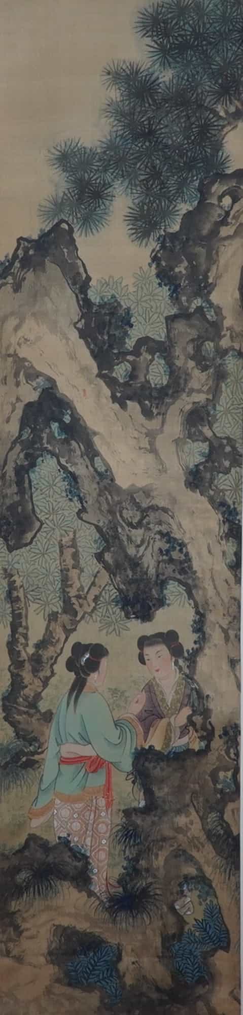 Chinese Ink and Watercolor on Paper Hanging Scroll, Courtly Scene: This graceful Chinese ink and watercolor on paper with a silk-like texture hanging scroll presents an intimate garden scene of two refined ladies in flowing robes, rendered with delicate brushwork and